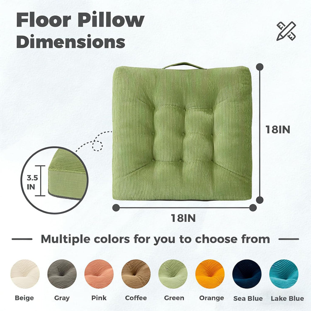 Set of 2 Beige Tufted Velvet Floor Seat Cushions 18×18 Inch, Washable Portable Chair Pads with Handle