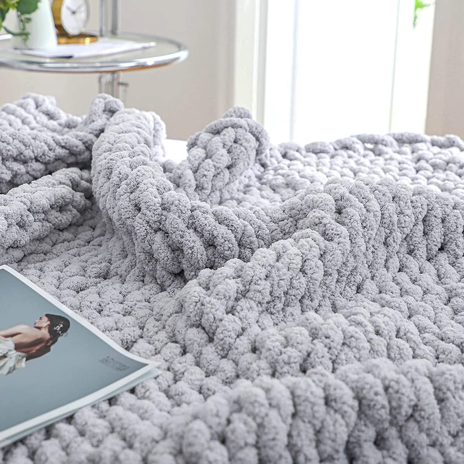 Bigacogo Chunky Knit Throw Blanket for Couch, 40x60 inches, 100% Hand Knitted with Thick Jumbo Chenille Yarn, Cozy Soft Large Rope Knot Cable Crochet Blankets for Sofa Bed Living Room, Beige