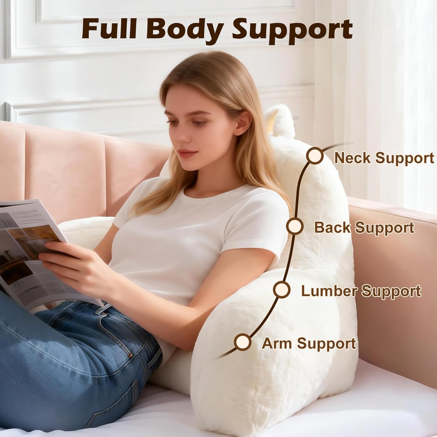 Faux Fur Reading Pillow for Bed/Couch/Floor/Dorm, Great Cozy Back Pillow for Bed Sitting Up, Fluffy Fur Bed Pillow for Sitting Up for Adults/Teens/Kids, Upgrade Back Support Pillow, Ivory