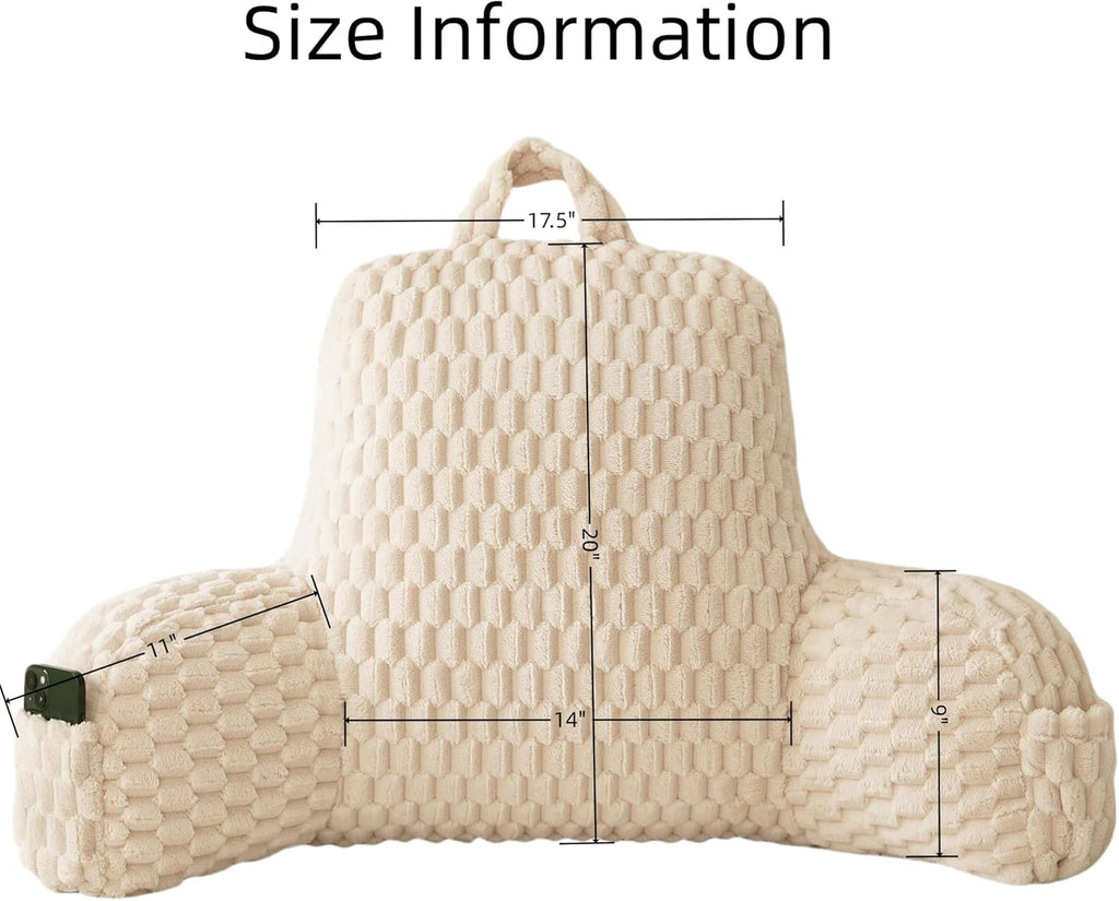 Fluffy Reading Pillow for Sitting in Bed, Large Backrest Bed Pillow with Arms, Back Support Pillow for Lounging Bedrest, Beige