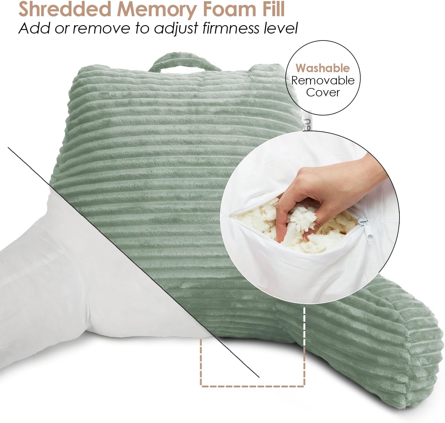Hearth & Harbor Reading Pillow for Bed Adult – Back Pillow for Sitting in Bed, Standard Bed Pillows for Sitting Up in Bed, Foam Bed Chair Pillow, Sage Green Bed Rest Pillow