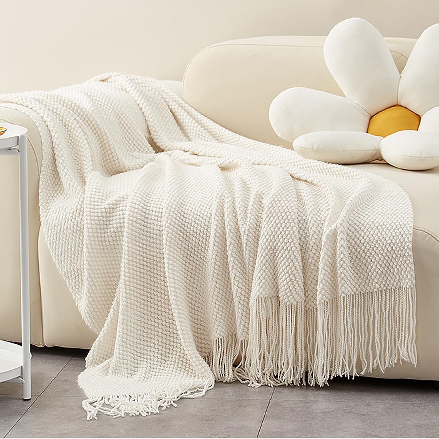 LOMAO Knitted Throw Blanket with Tassels Bubble Textured Lightweight Throws for Couch Cover Home Decor (Cream, 60x80)