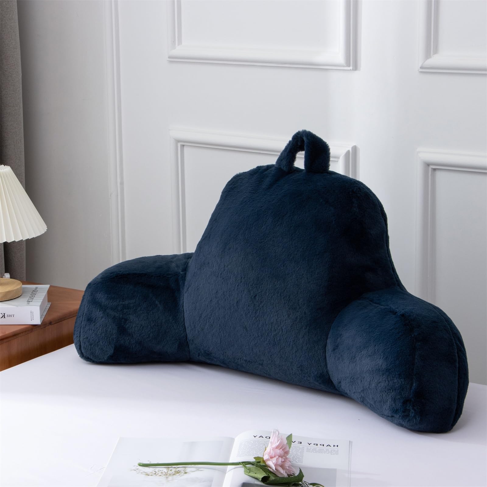 Ivory Faux Fur Wedge Reading Pillow with Arms, Large Back Support for Bed & Couch