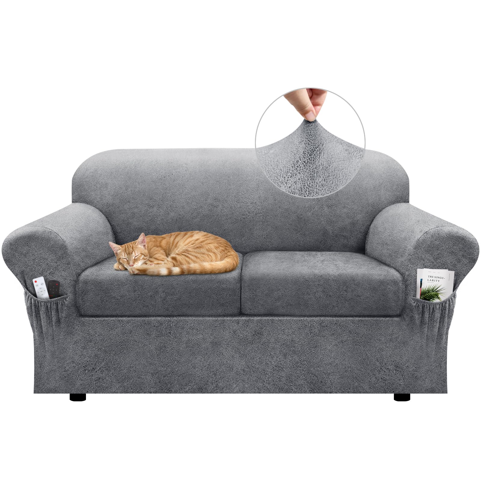 Sofa Slipcover with Armrest Pockets 4-Piece Set, Stretch Faux Leather Couch Cover for 3-Cushion Couches(Fits 72-92") - Non-Slip, Machine Washable, Pet & Kid Friendly - Beige