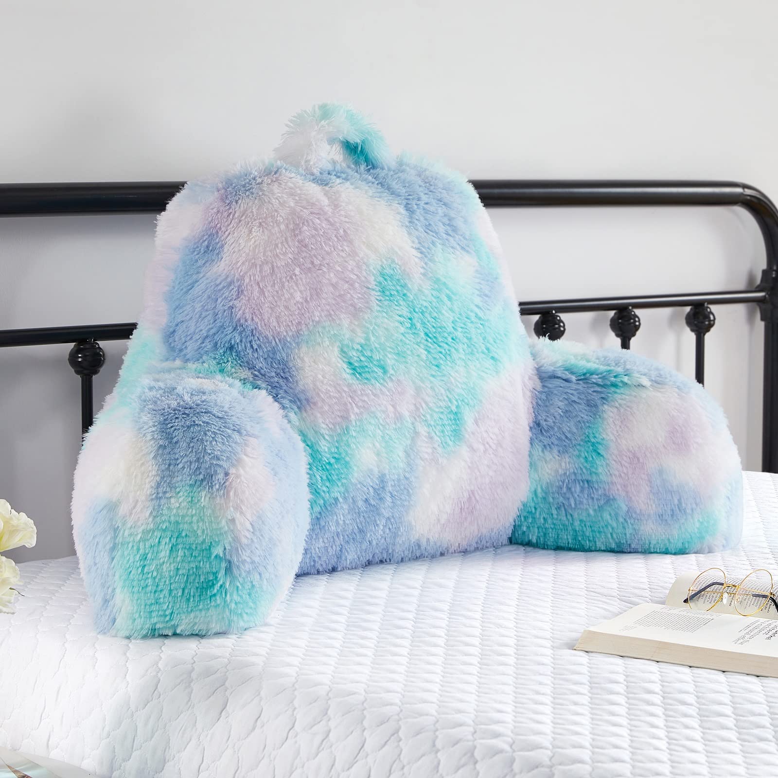 Faux Fur Reading Pillow for Bed/Couch/Floor/Dorm, Great Cozy Back Pillow for Bed Sitting Up, Fluffy Fur Bed Pillow for Sitting Up for Adults/Teens/Kids, Upgrade Back Support Pillow, Ivory