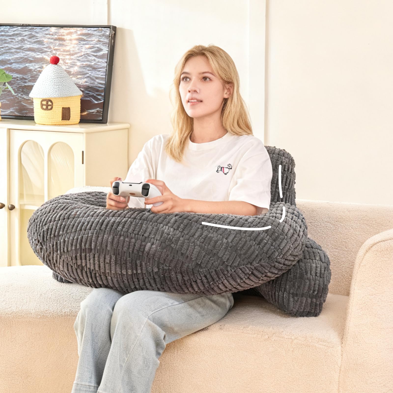 Bed Reading Pillow 17",Cozy Flannel U Shaped Back Support Cushion for Sitting up in Bed,Small Laptop Desk Lap Pillow for College Dorm,Apartment,Medium - White