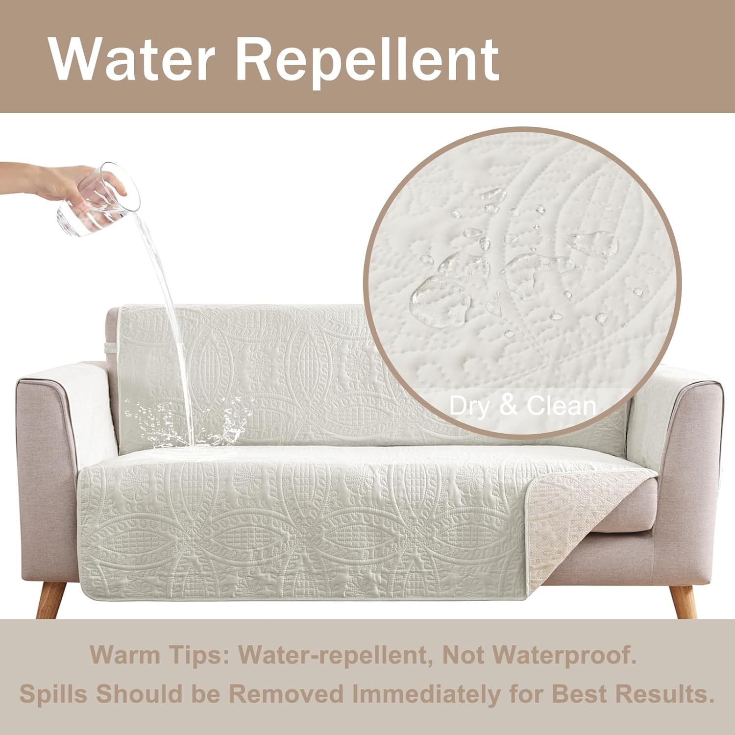 Quilted Sofa Slipcovers with Pockets, Anti-Slip Medallion Designed Couch Covers for 3 Cushion Sofa, Couch Cover for Dogs Cats Water-Repellent Machine Washable (Large Sofa 68", Ivory White)