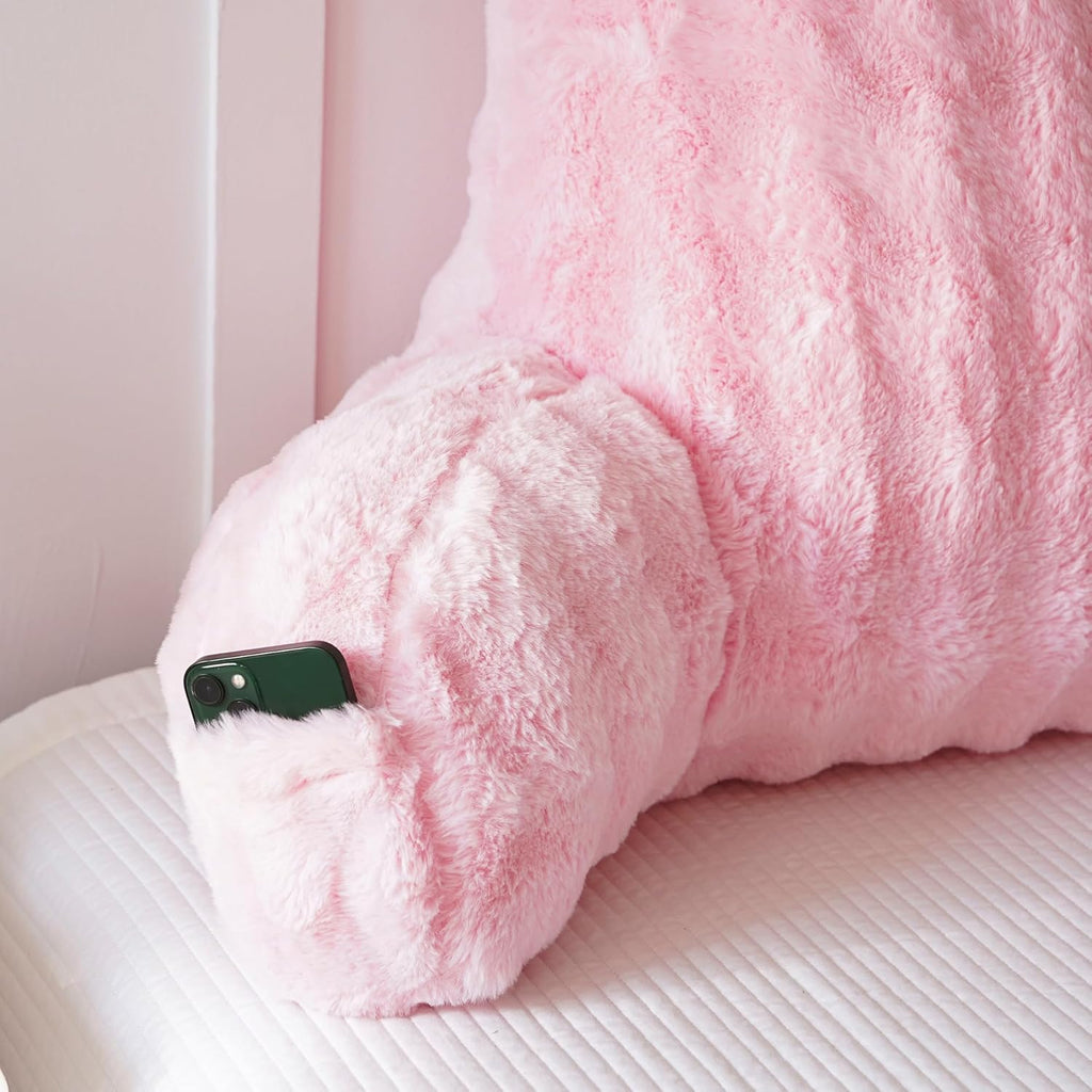 Faux Fur Reading Pillow for Sitting in Bed, Large Backrest Bed Pillow with Arms, Back Support Pillow for Lounging Bedrest, Pink