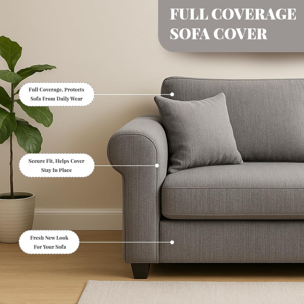 Cotton Linen Couch Cover, Stretch Sofa Protector, Anti-Slip, All-Inclusive, Washable, All-Season Furniture Protector, for 1 2 3 4 Seater Pet-Friendly Beige 3 Seater-190-230cm