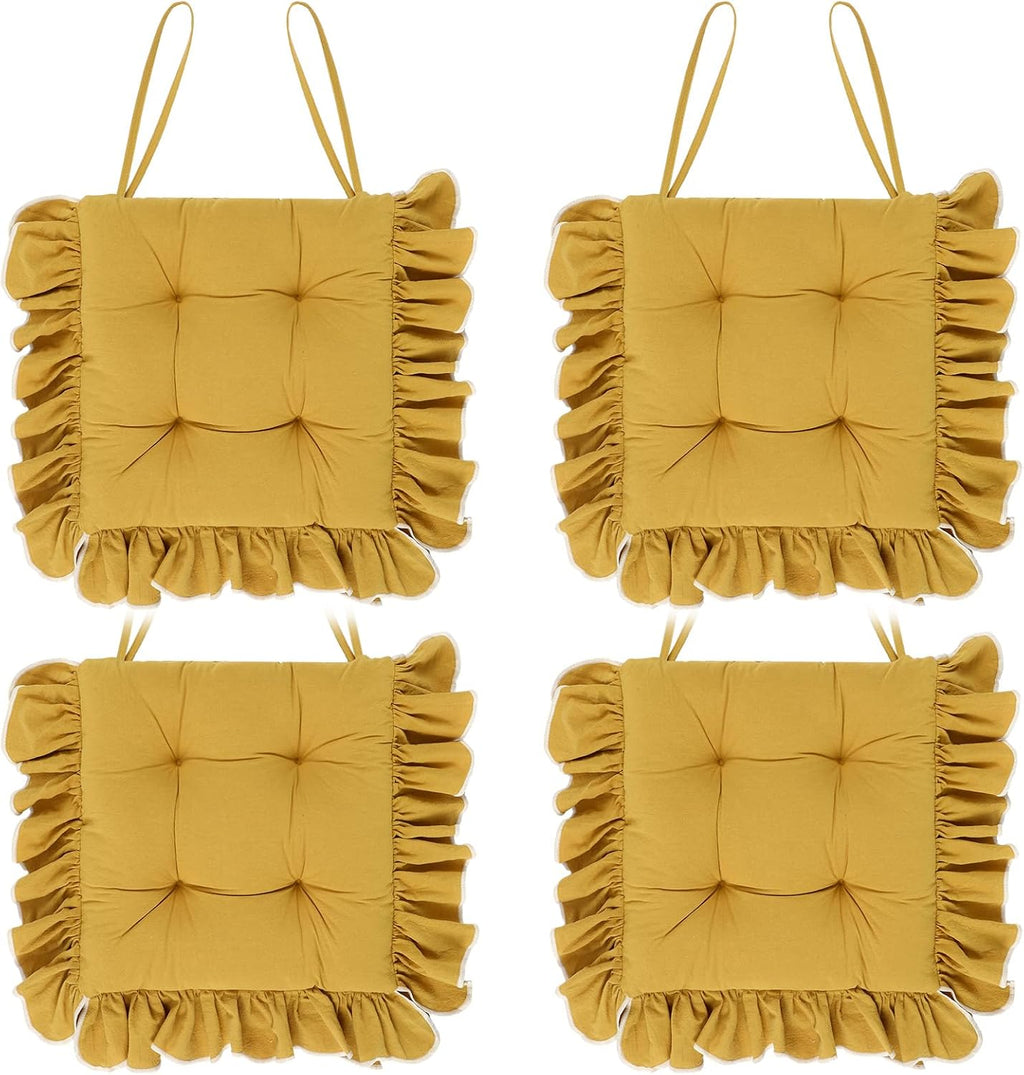 Wenqik 4-Pack Ruffled Chair Cushions with Ties, 16"x16" Turmeric Cotton Fabric Non-Slip Seat Pads for Dining Chairs, Farmhouse Kitchen, Office, and Wooden Chairs