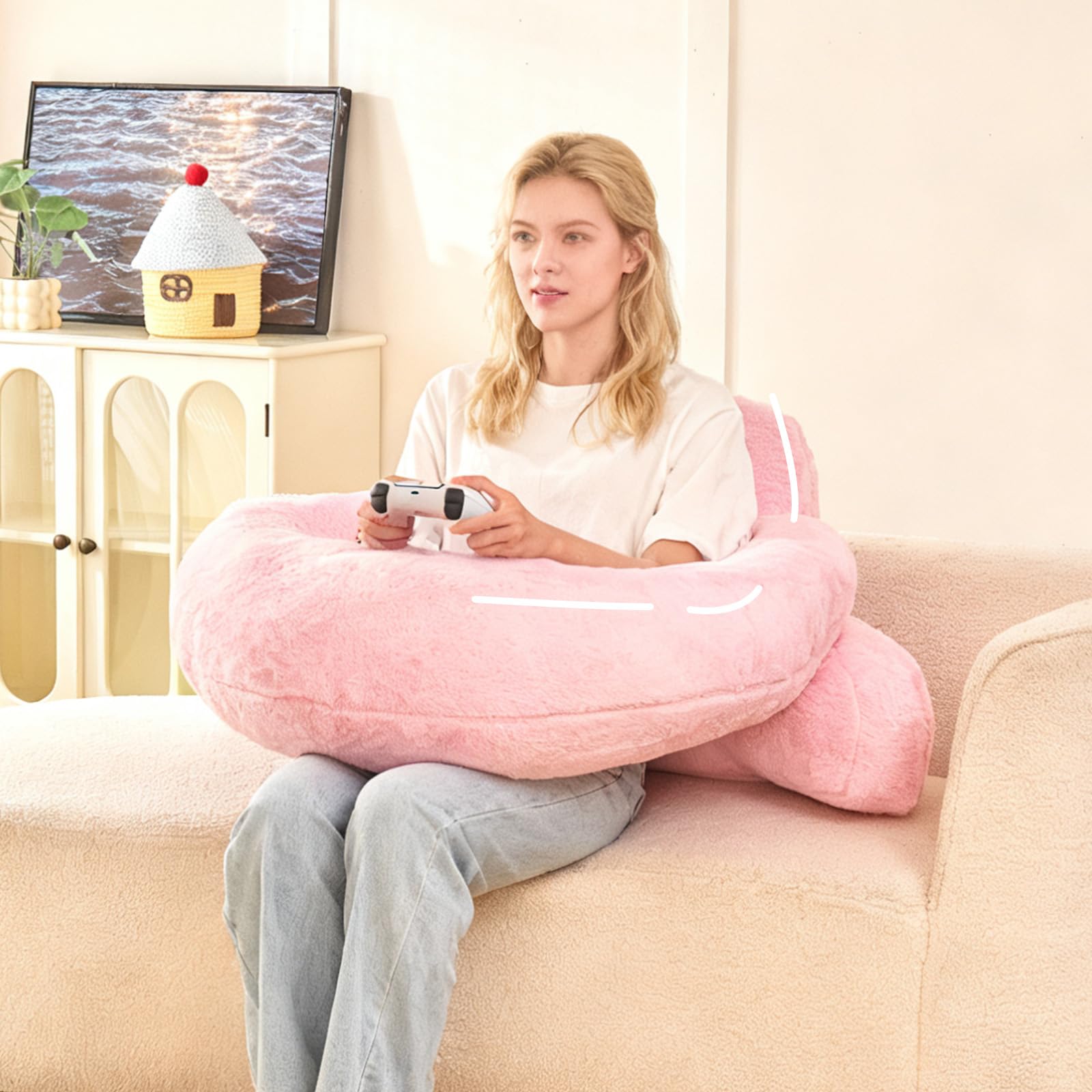 Bed Reading Pillow 17",Cozy Flannel U Shaped Back Support Cushion for Sitting up in Bed,Small Laptop Desk Lap Pillow for College Dorm,Apartment,Medium - White