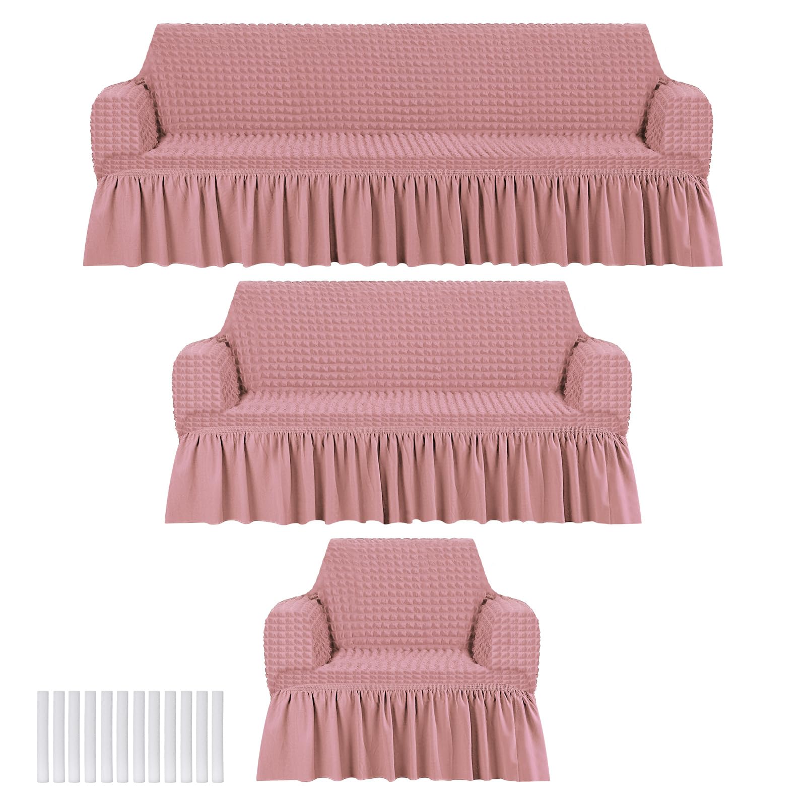 Fanfanwin 3 Pcs Sofa Slipcover Set for Couch Cushion Durable Washable High Elastic Stretchable Furniture Couch Covers with Skirt for Sofa Loveseat Arm Chair(Beige,Seersucker)