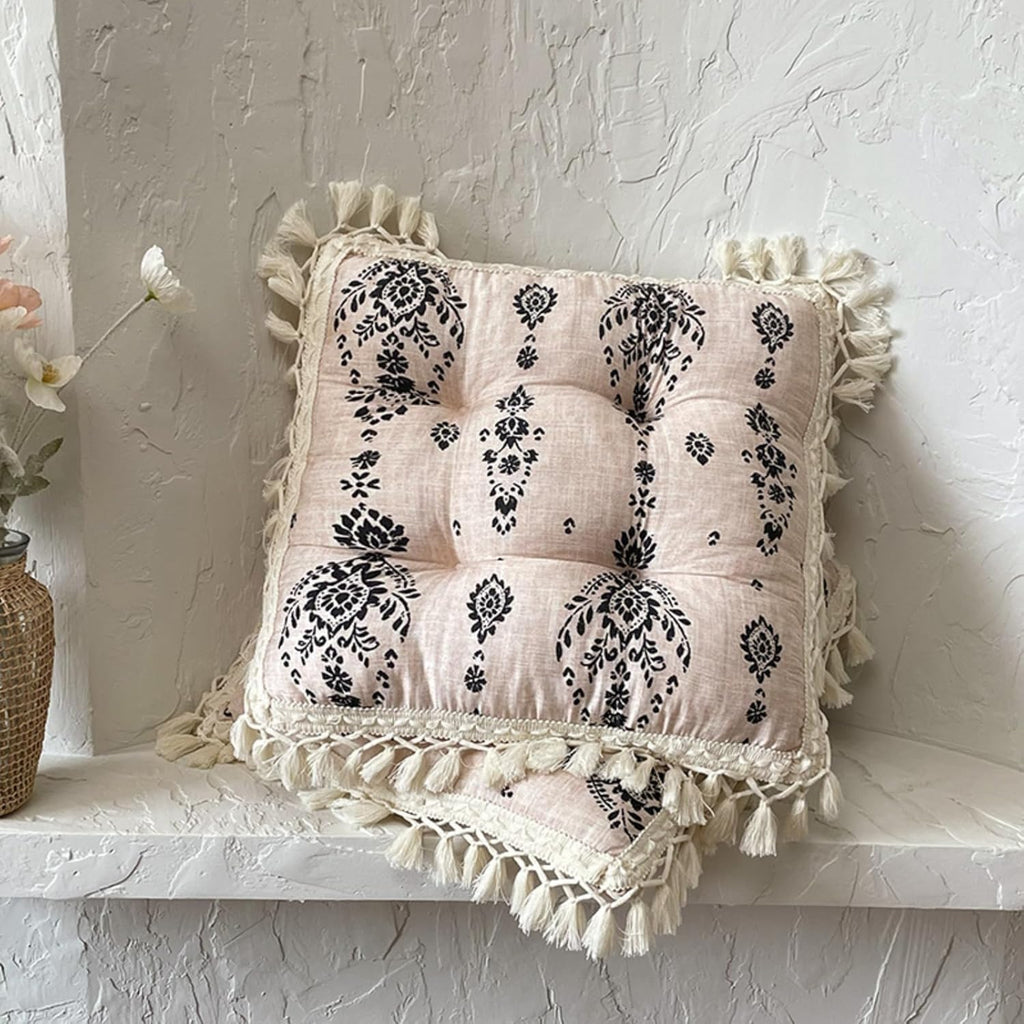 Set of 2 Floral Printed Chair Pads with Tassels Cotton Linen Square Chair Cushions 17x17x3 Inch Seat Cushion for Living Room Kitchen and Officewooden Chair (Green,17"x17")
