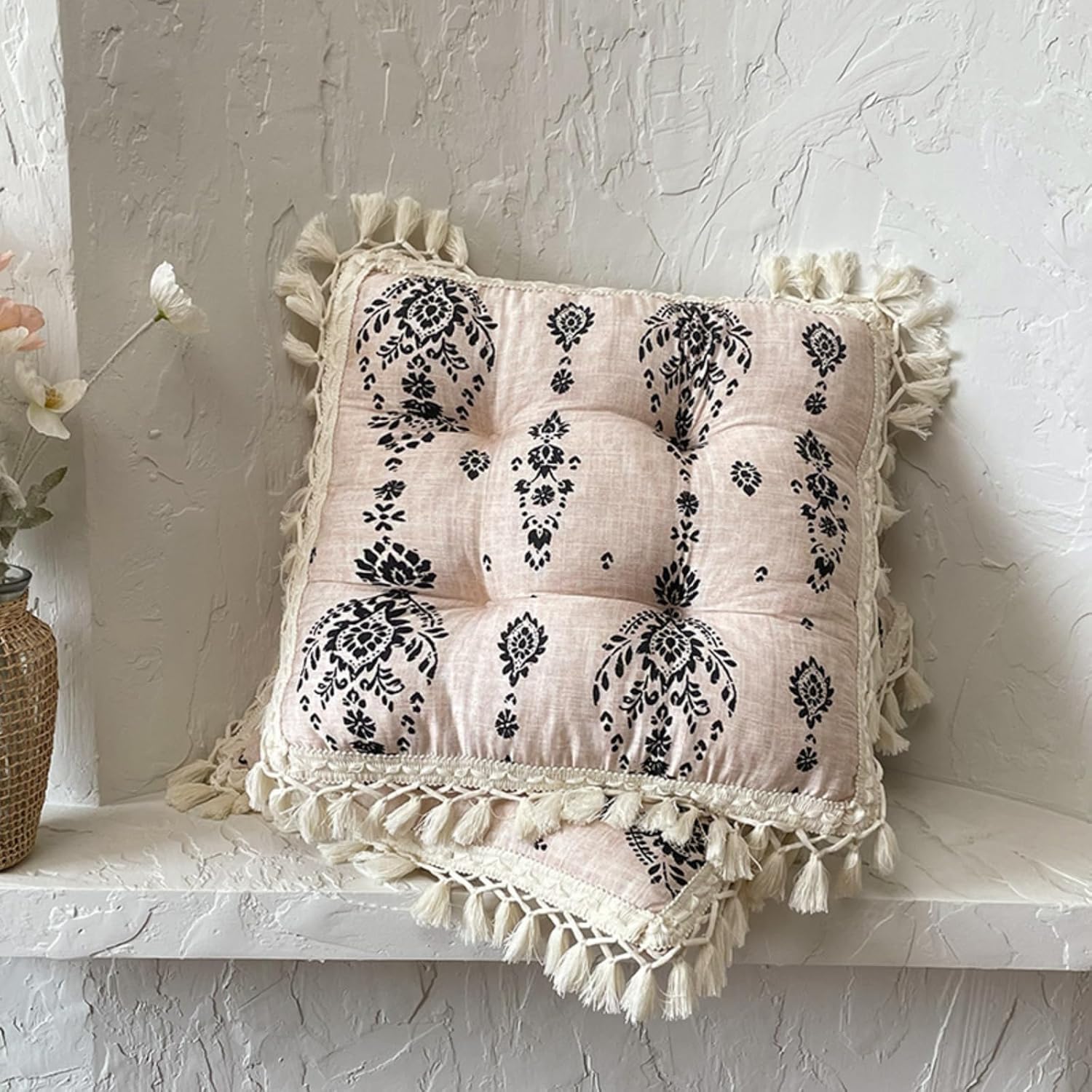 Set of 2 Floral Printed Chair Pads with Tassels Cotton Linen Square Chair Cushions 17x17x3 Inch Seat Cushion for Living Room Kitchen and Officewooden Chair (Green,17"x17")