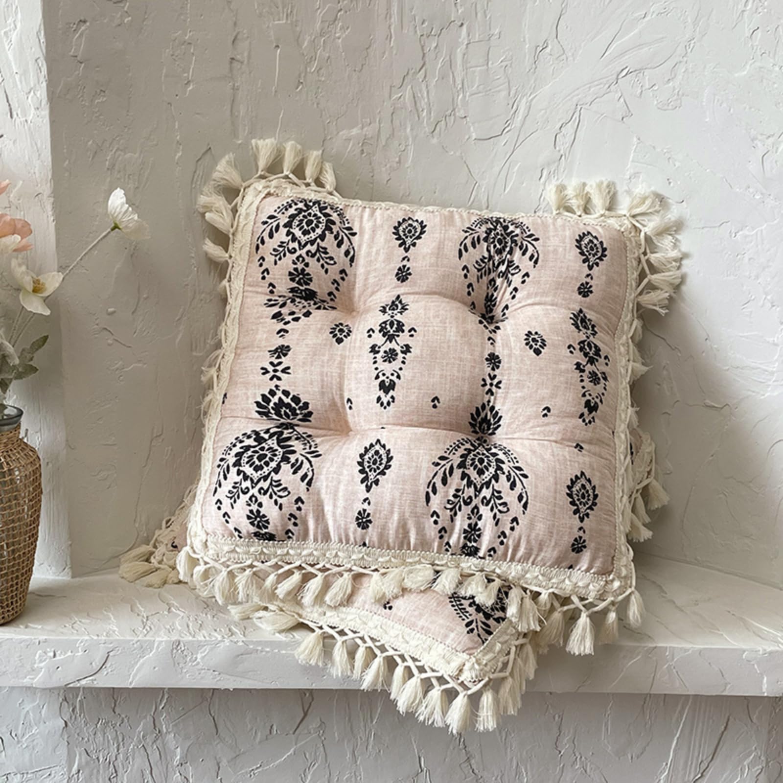 Set of 2 Floral Printed Chair Pads with Tassels Cotton Linen Square Chair Cushions 17x17x3 Inch Seat Cushion for Living Room Kitchen and Officewooden Chair (Green,17"x17")