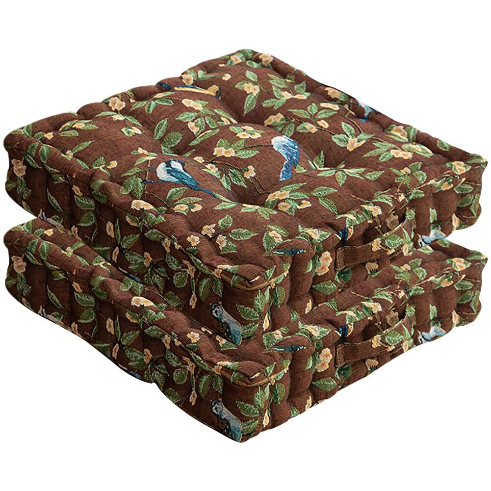 Chair Cushions Set of 2 Floral Bird Pattern Seat Cushions for Dining Chair Square Kitchen Chair Pads with Handle Indoor Floor Pillow (15.7 × 15.7 × 3.1 Inch, Beige)