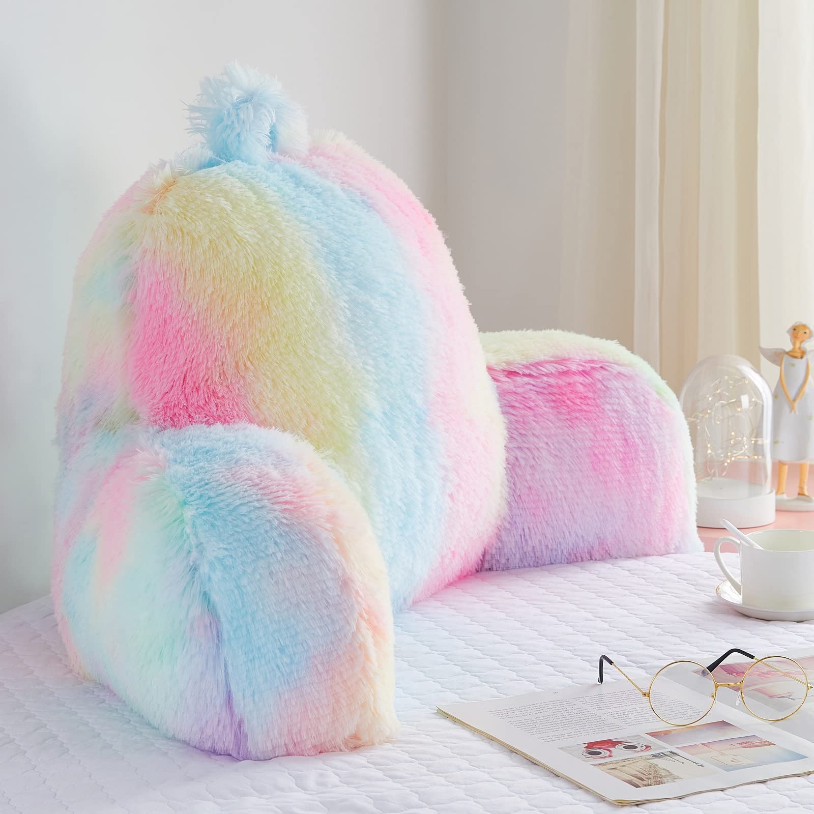 Faux Fur Reading Pillow for Bed/Couch/Floor/Dorm, Great Cozy Back Pillow for Bed Sitting Up, Fluffy Fur Bed Pillow for Sitting Up for Adults/Teens/Kids, Upgrade Back Support Pillow, Ivory