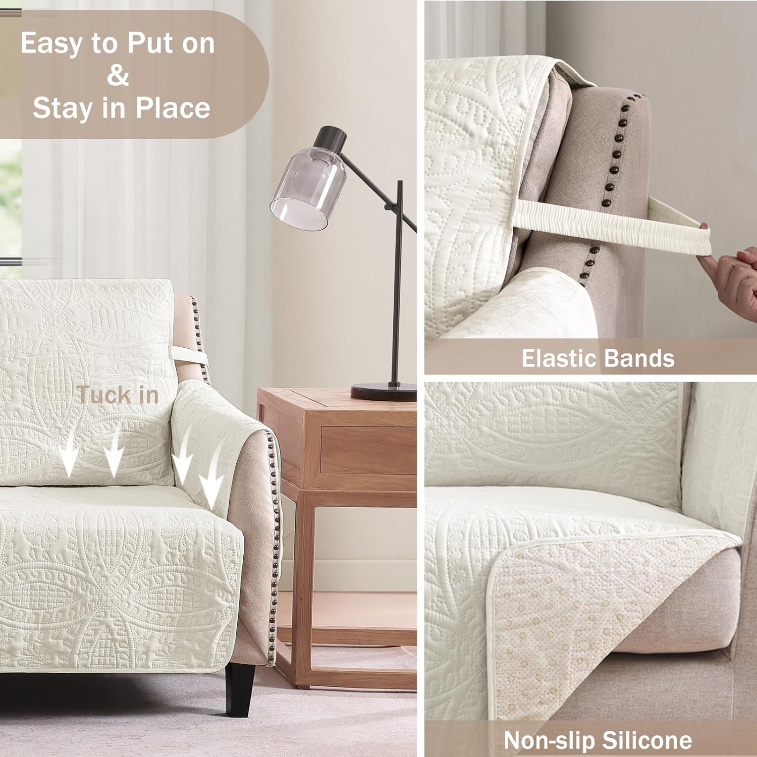 Quilted Sofa Slipcovers with Pockets, Anti-Slip Medallion Designed Couch Covers for 3 Cushion Sofa, Couch Cover for Dogs Cats Water-Repellent Machine Washable (Large Sofa 68", Ivory White)