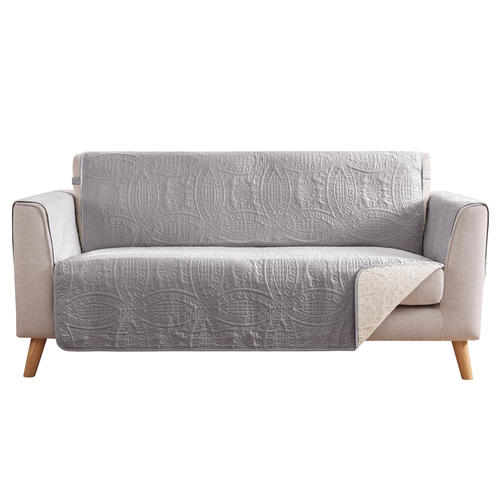 Quilted Sofa Slipcovers with Pockets, Anti-Slip Medallion Designed Couch Covers for 3 Cushion Sofa, Couch Cover for Dogs Cats Water-Repellent Machine Washable (Large Sofa 68", Ivory White)