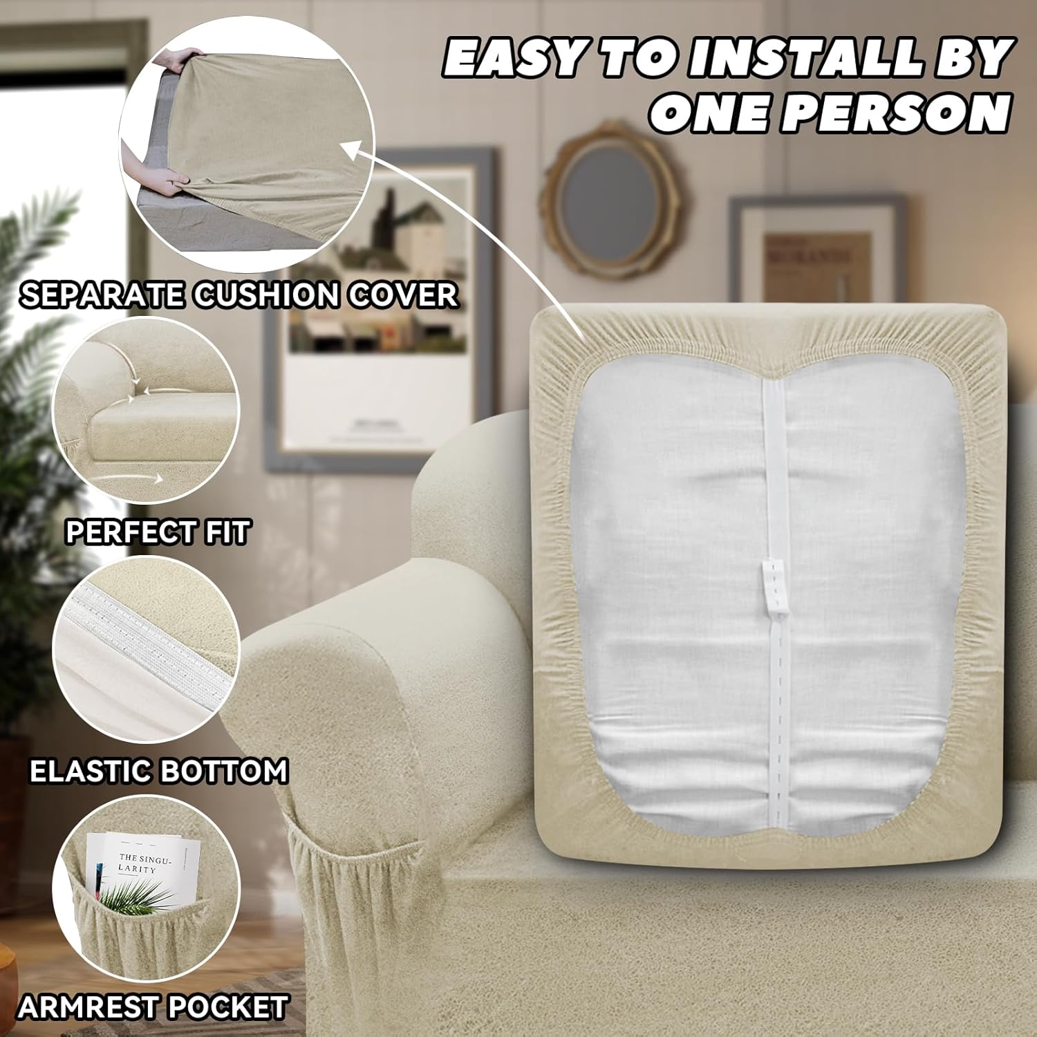 Sofa Slipcover with Armrest Pockets 4-Piece Set, Stretch Faux Leather Couch Cover for 3-Cushion Couches(Fits 72-92") - Non-Slip, Machine Washable, Pet & Kid Friendly - Beige