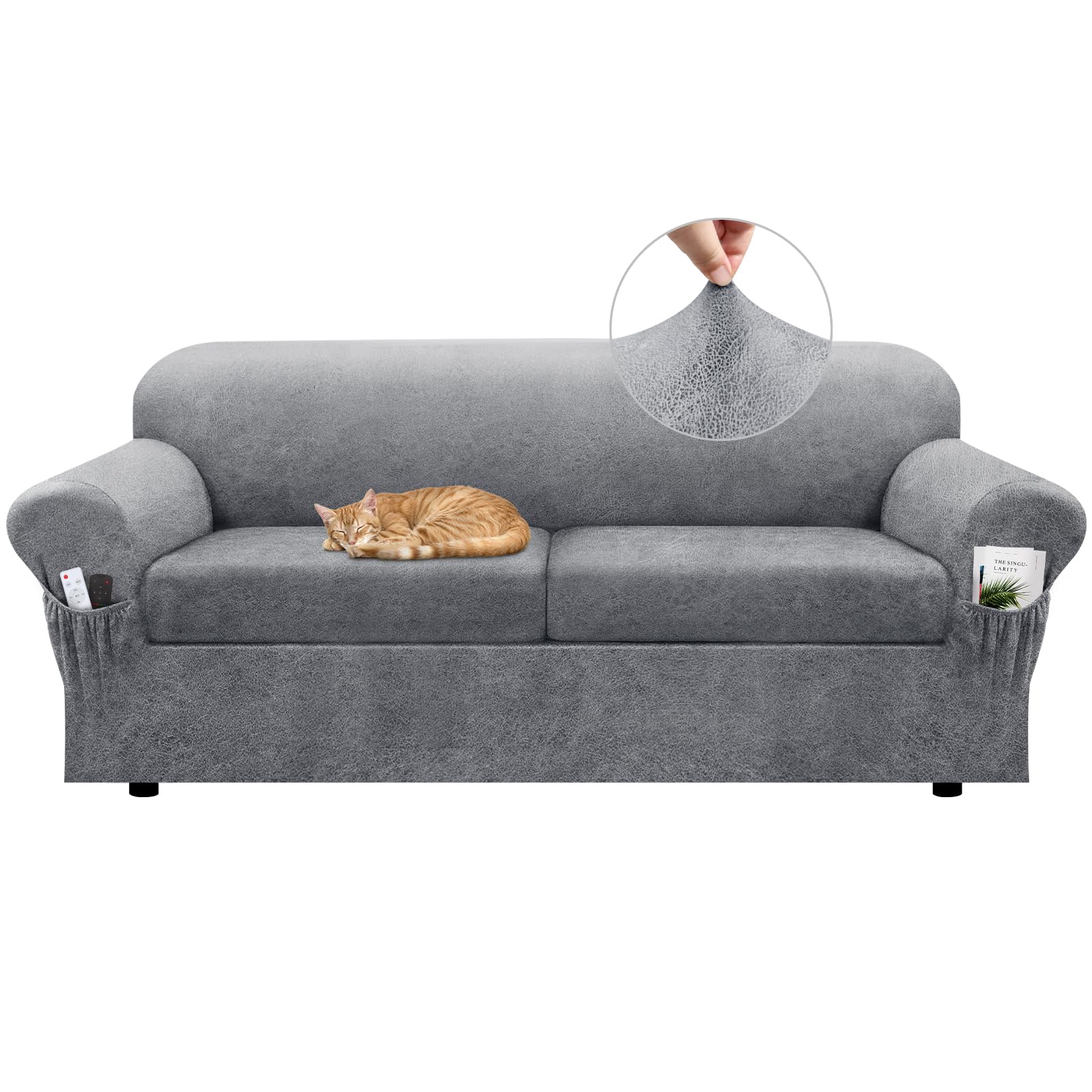 Sofa Slipcover with Armrest Pockets 4-Piece Set, Stretch Faux Leather Couch Cover for 3-Cushion Couches(Fits 72-92") - Non-Slip, Machine Washable, Pet & Kid Friendly - Beige
