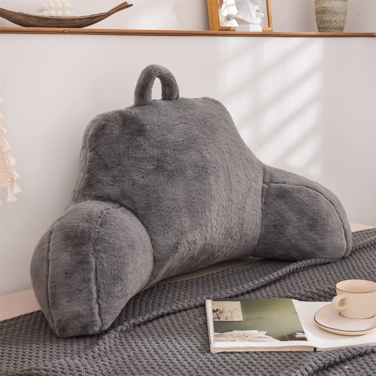 Holawakaka Large Faux Fur Bed Rest Pillow with Arms, Rabbit Fur Reading Pillows Perfect for Adults Men Women, Arm, Back, Pregnancy Lumbar & Head Neck Coccyx Lower Back Support Cushion (Ivory)