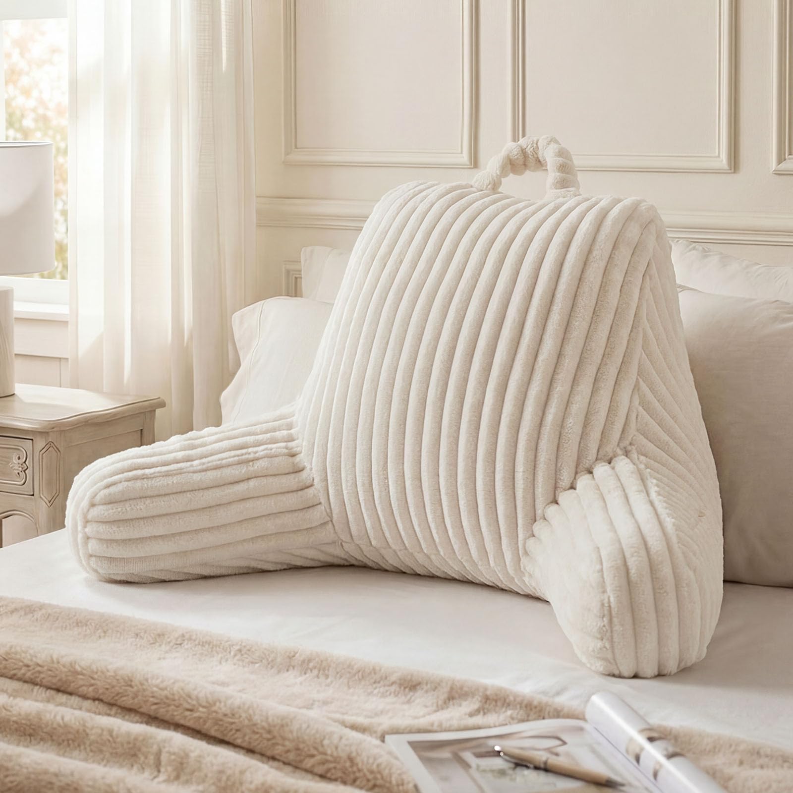 Blissful Diary Reading Pillow for Sitting in Bed, Large Flannel Back Pillow Bed Sitting Up for Adult & Children, Backrest Cushion for Sit Up in Couch or Floor, Dorm Essentials, Cream White