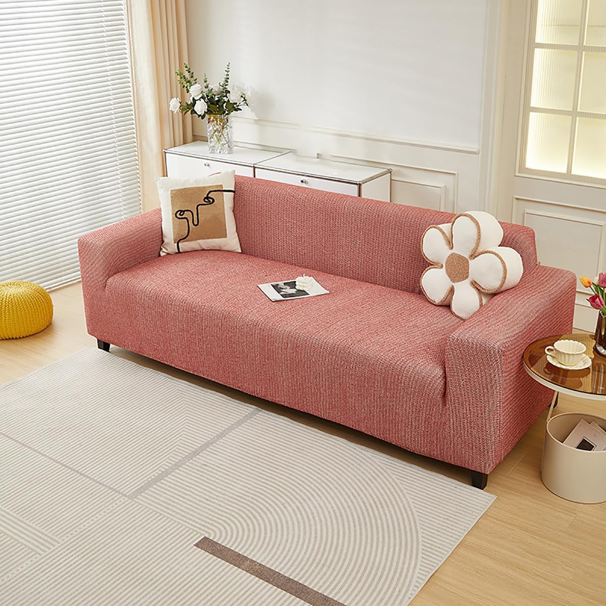 Cotton Linen Couch Cover, Stretch Sofa Protector, Anti-Slip, All-Inclusive, Washable, All-Season Furniture Protector, for 1 2 3 4 Seater Pet-Friendly Beige 3 Seater-190-230cm