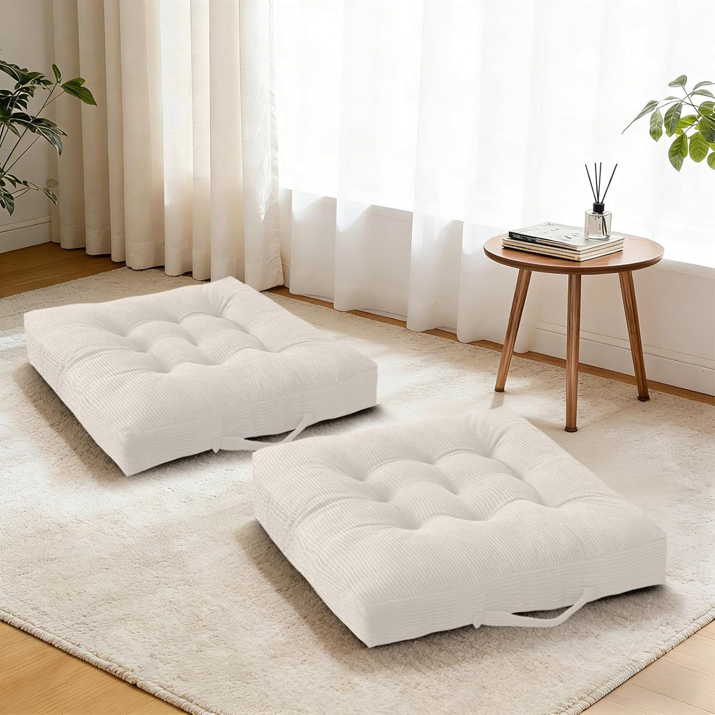 Set of 2 Beige Tufted Velvet Floor Seat Cushions 18×18 Inch, Washable Portable Chair Pads with Handle