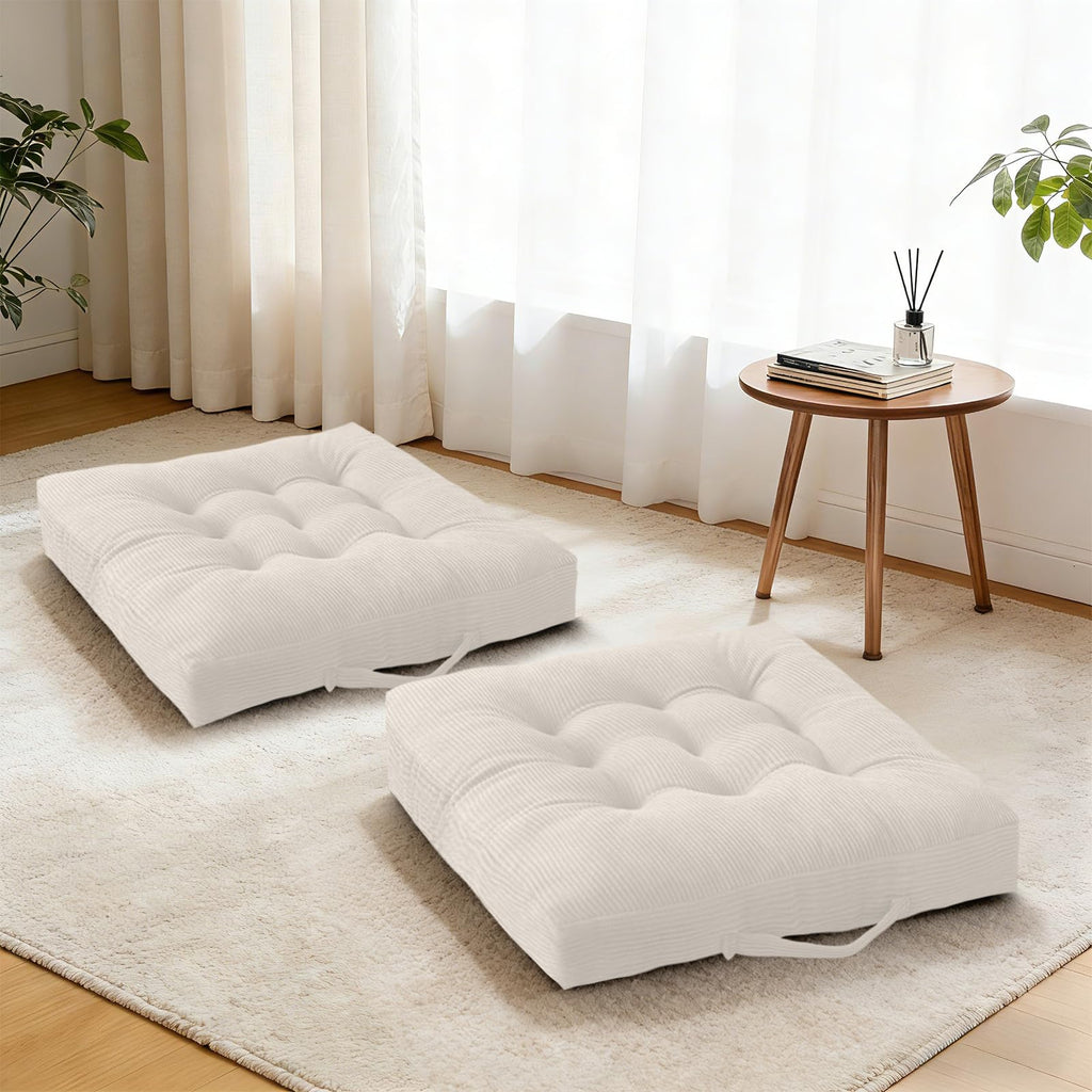 Set of 2 Beige Tufted Velvet Floor Seat Cushions 18×18 Inch, Washable Portable Chair Pads with Handle