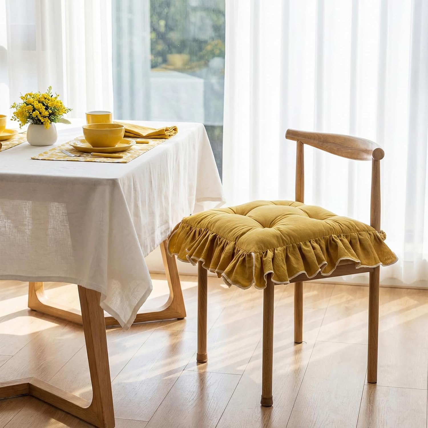 Wenqik 4-Pack Ruffled Chair Cushions with Ties, 16"x16" Turmeric Cotton Fabric Non-Slip Seat Pads for Dining Chairs, Farmhouse Kitchen, Office, and Wooden Chairs