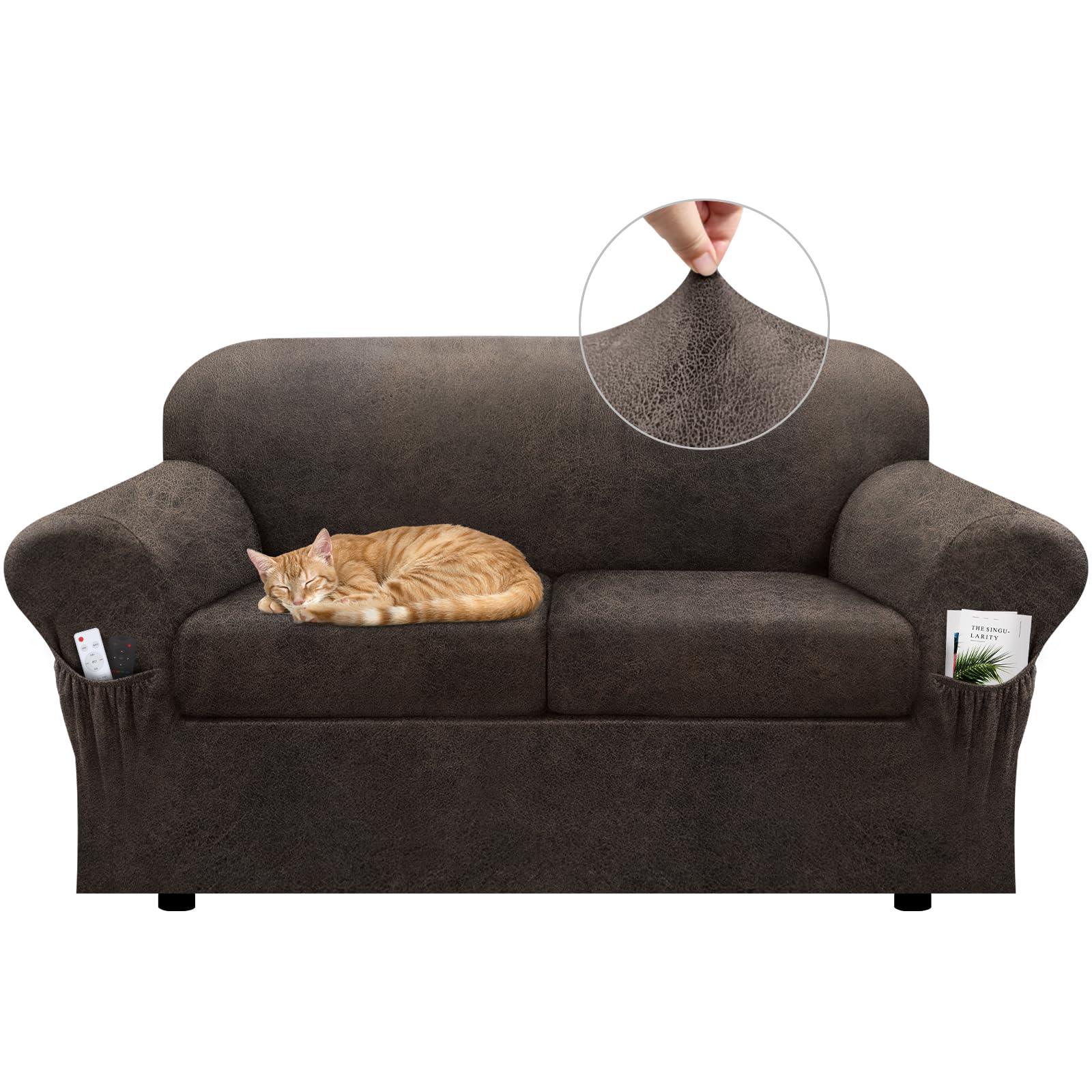 Sofa Slipcover with Armrest Pockets 4-Piece Set, Stretch Faux Leather Couch Cover for 3-Cushion Couches(Fits 72-92") - Non-Slip, Machine Washable, Pet & Kid Friendly - Beige