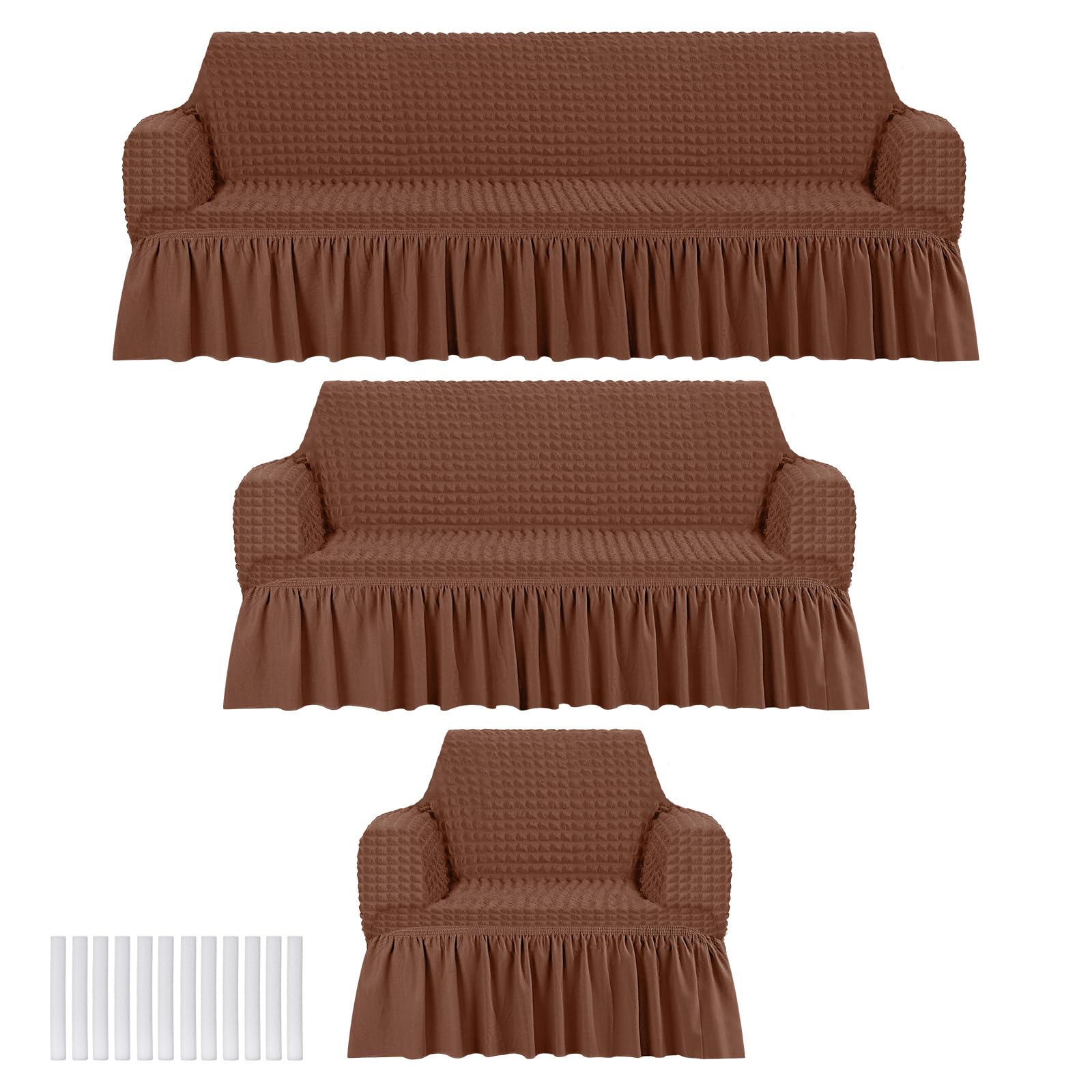Fanfanwin 3 Pcs Sofa Slipcover Set for Couch Cushion Durable Washable High Elastic Stretchable Furniture Couch Covers with Skirt for Sofa Loveseat Arm Chair(Beige,Seersucker)