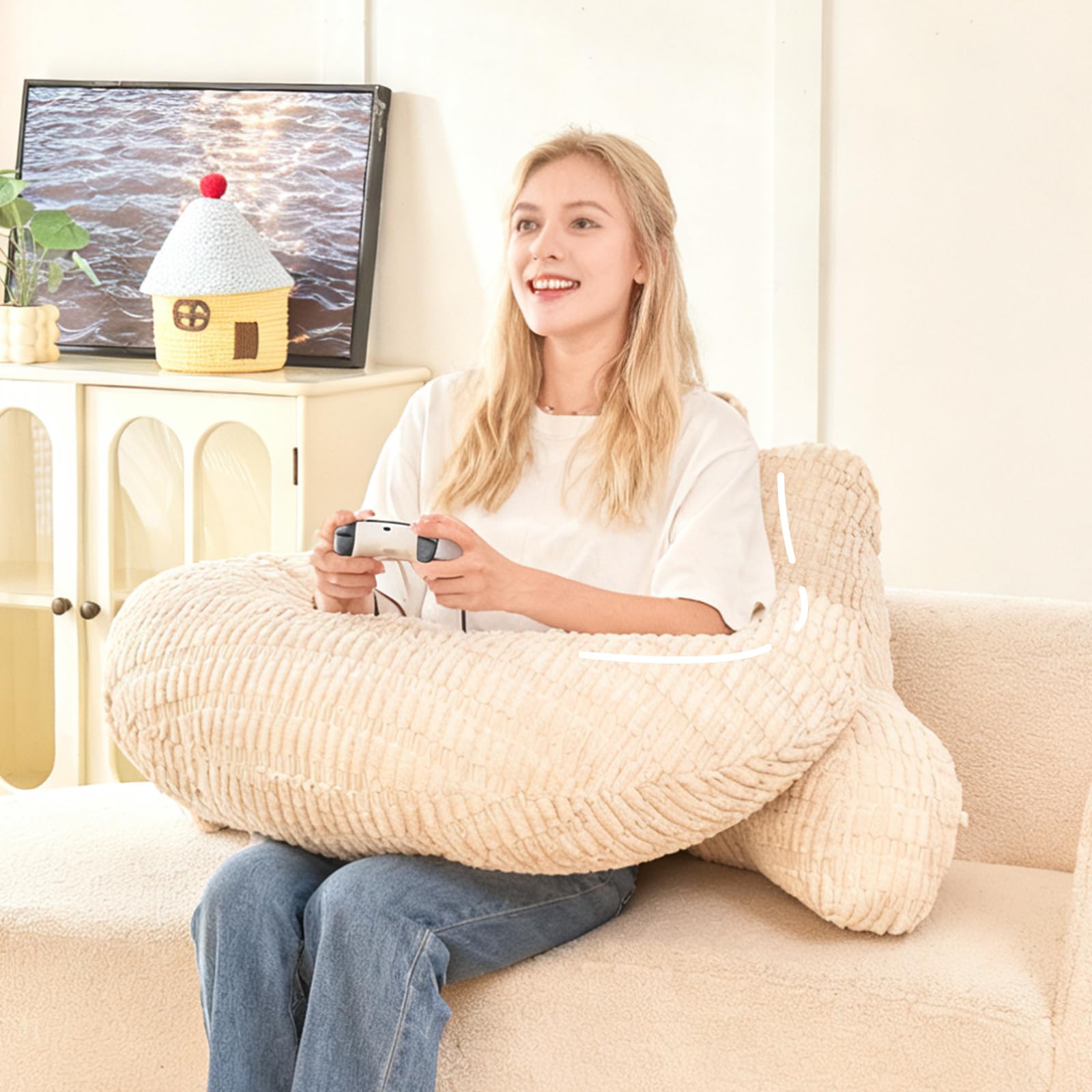 Bed Reading Pillow 17",Cozy Flannel U Shaped Back Support Cushion for Sitting up in Bed,Small Laptop Desk Lap Pillow for College Dorm,Apartment,Medium - White