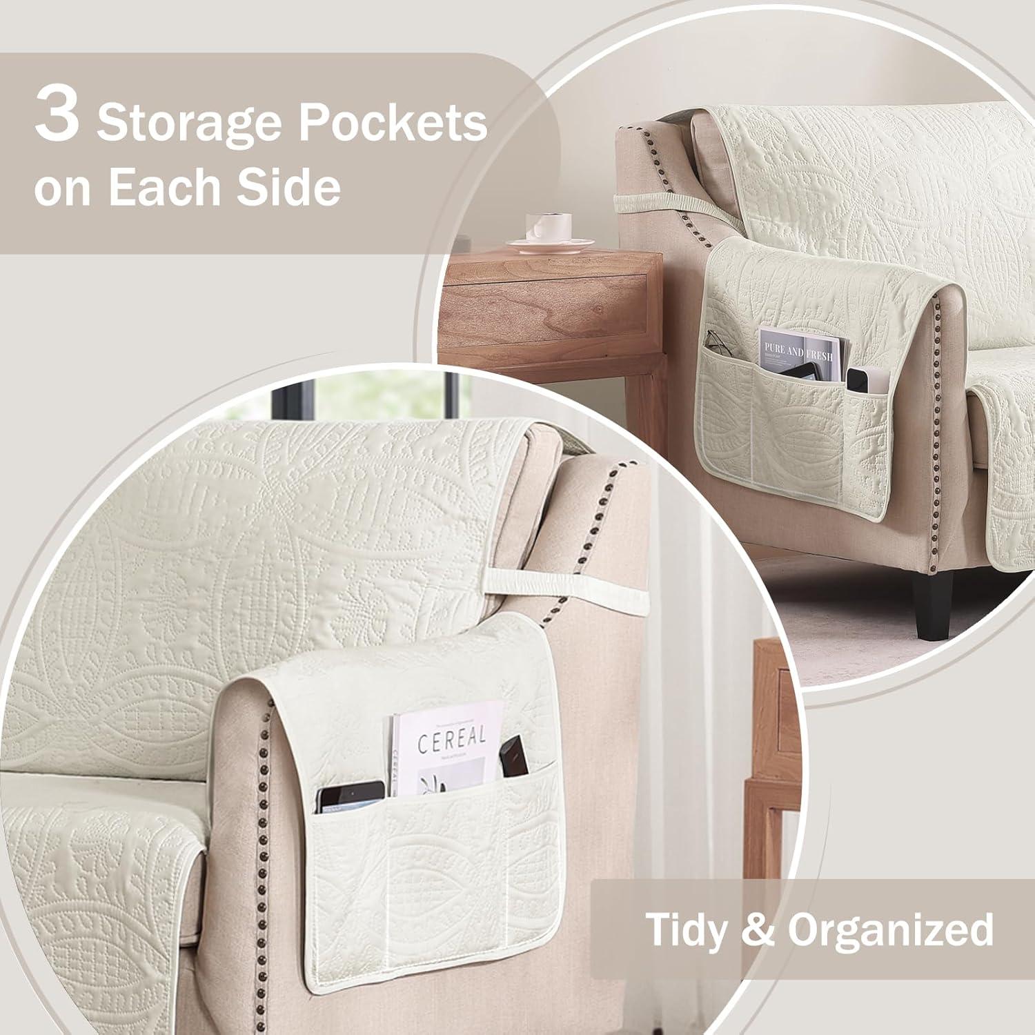 Quilted Sofa Slipcovers with Pockets, Anti-Slip Medallion Designed Couch Covers for 3 Cushion Sofa, Couch Cover for Dogs Cats Water-Repellent Machine Washable (Large Sofa 68", Ivory White)