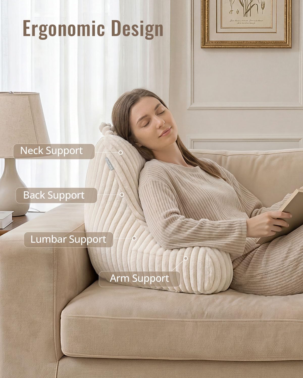 Blissful Diary Reading Pillow for Sitting in Bed, Flannel Back Pillow Bed Sitting Up for Adult & Children, Backrest Cushion for Sit Up in Couch or Floor, Dorm Essentials, Cream White
