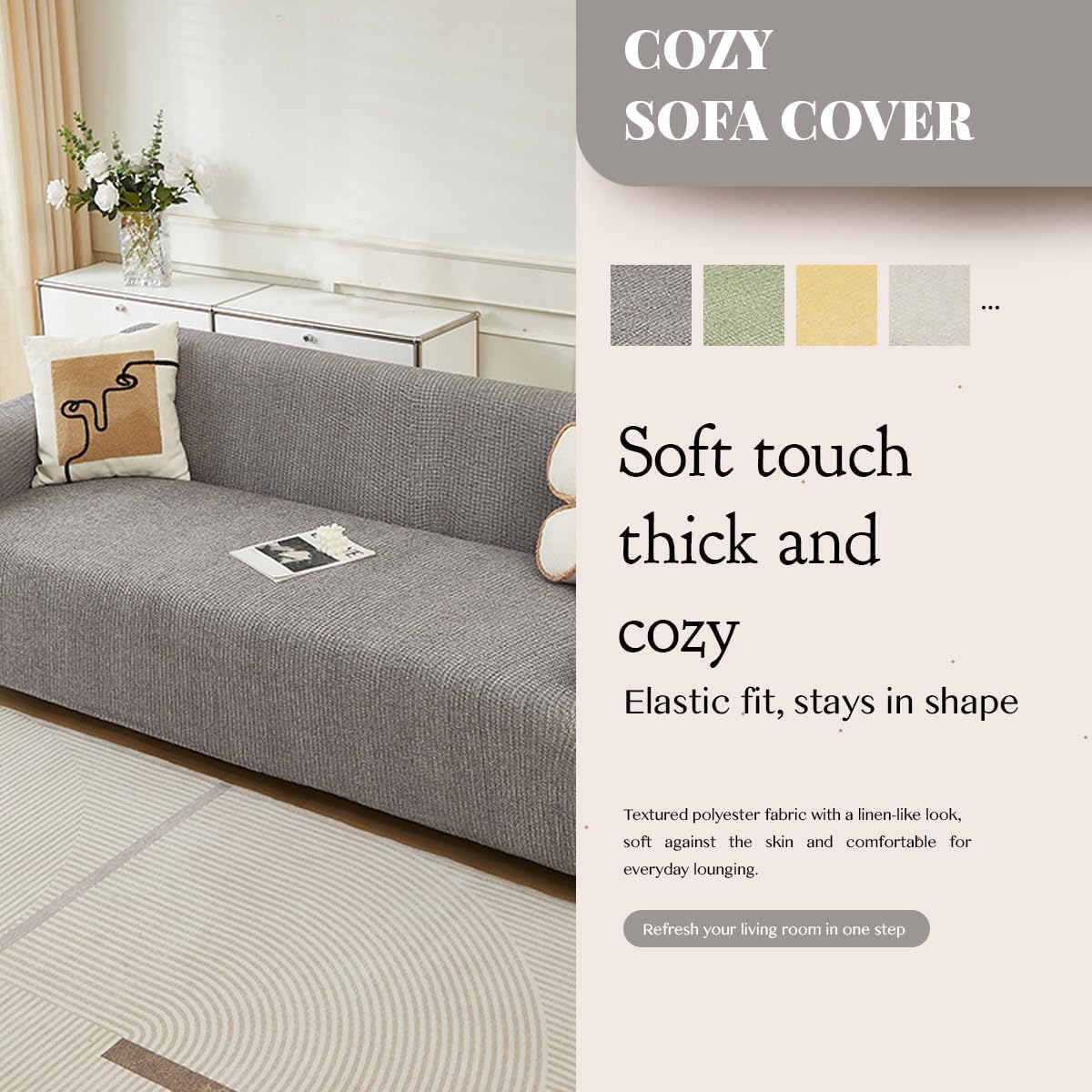 Cotton Linen Couch Cover, Stretch Sofa Protector, Anti-Slip, All-Inclusive, Washable, All-Season Furniture Protector, for 1 2 3 4 Seater Pet-Friendly Beige 3 Seater-190-230cm