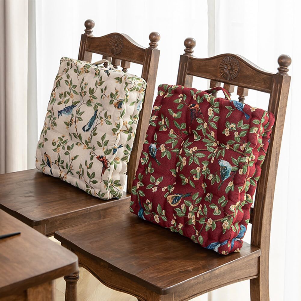 Chair Cushions Set of 2 Floral Bird Pattern Seat Cushions for Dining Chair Square Kitchen Chair Pads with Handle Indoor Floor Pillow (15.7 × 15.7 × 3.1 Inch, Beige)