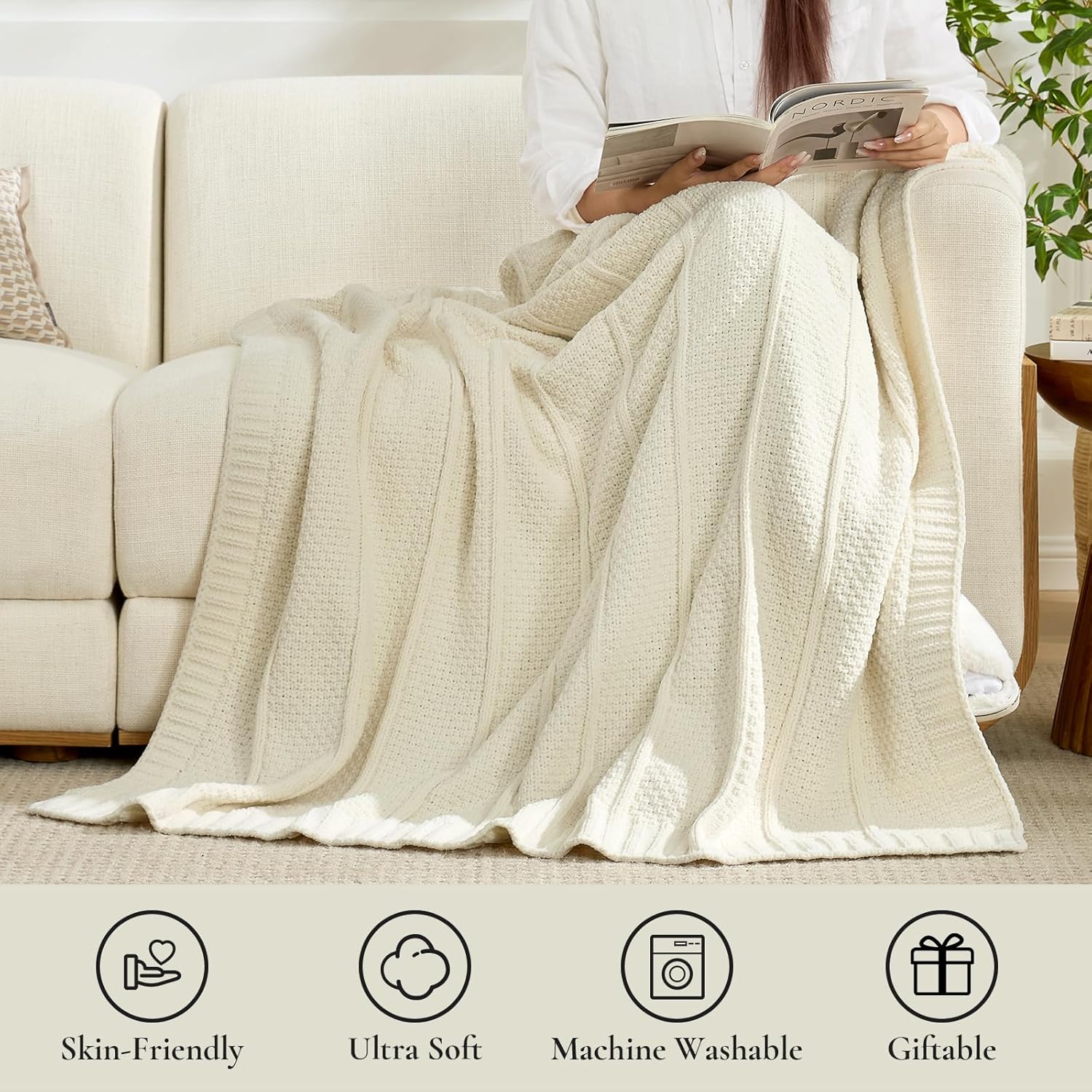 Amélie Home Premium Chenille Throw Blanket, Soft Cozy Moss Stitch Knit Blanket for Couch, Sofa, Chair, Home Decor, Cream White 50"x60"