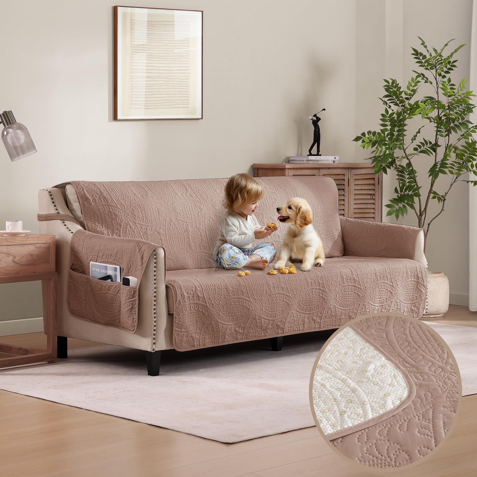 Quilted Sofa Slipcovers with Pockets, Anti-Slip Medallion Designed Couch Covers for 3 Cushion Sofa, Couch Cover for Dogs Cats Water-Repellent Machine Washable (Large Sofa 68", Ivory White)