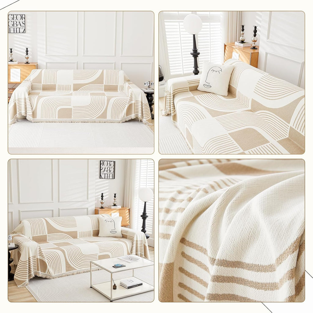WEYOND Boho Couch Cover Sofa Covers Washable, Chenille Couch Covers for 3 Cushion Couch Sofa Pet Friendly, Bohemian Sofa Slipcovers for Sectional Sofa, Loveseat, 2 3 4 Seater (71" x 102", Khaki)