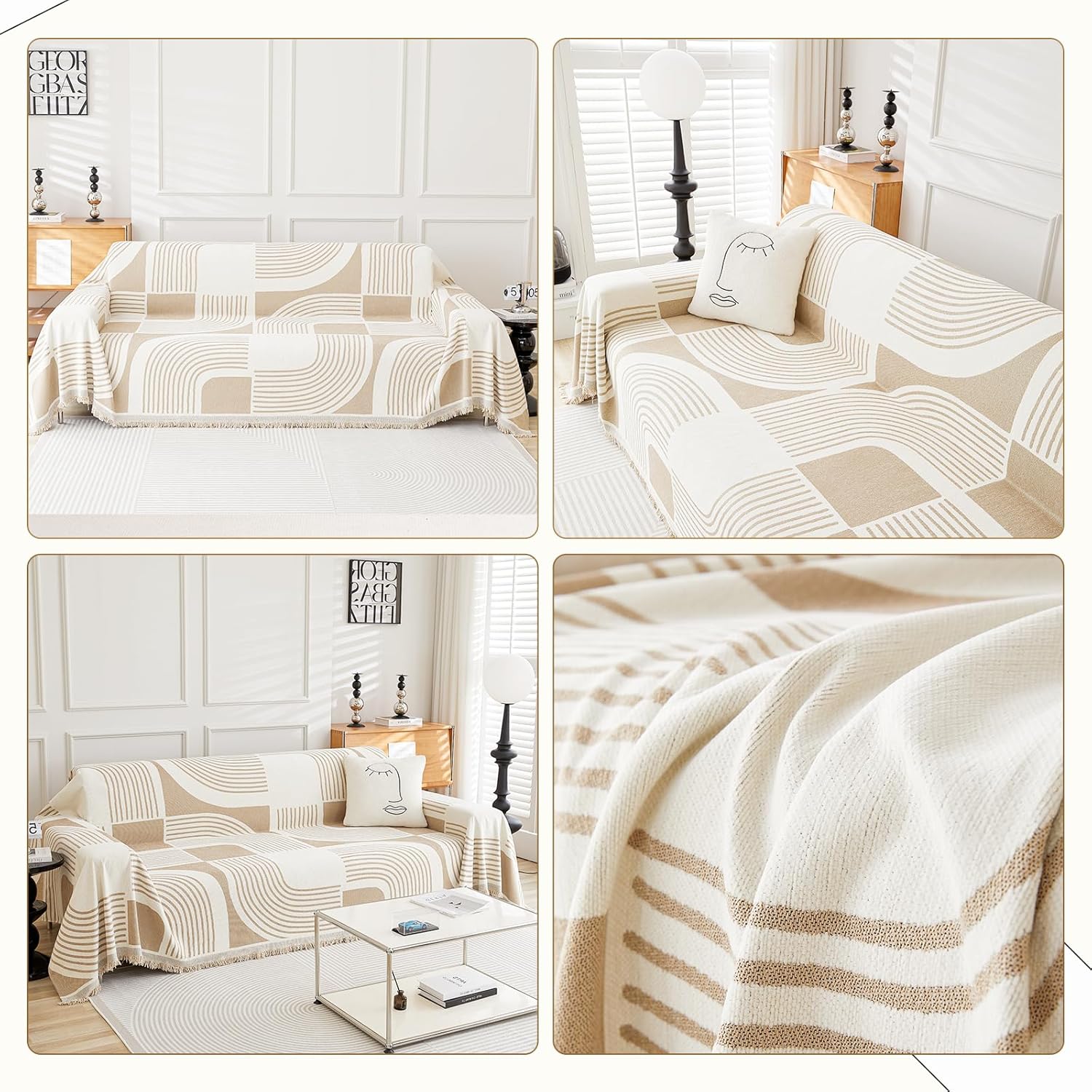 WEYOND Boho Couch Cover Sofa Covers Washable, Chenille Couch Covers for 3 Cushion Couch Sofa Pet Friendly, Bohemian Sofa Slipcovers for Sectional Sofa, Loveseat, 2 3 4 Seater (71" x 102", Khaki)