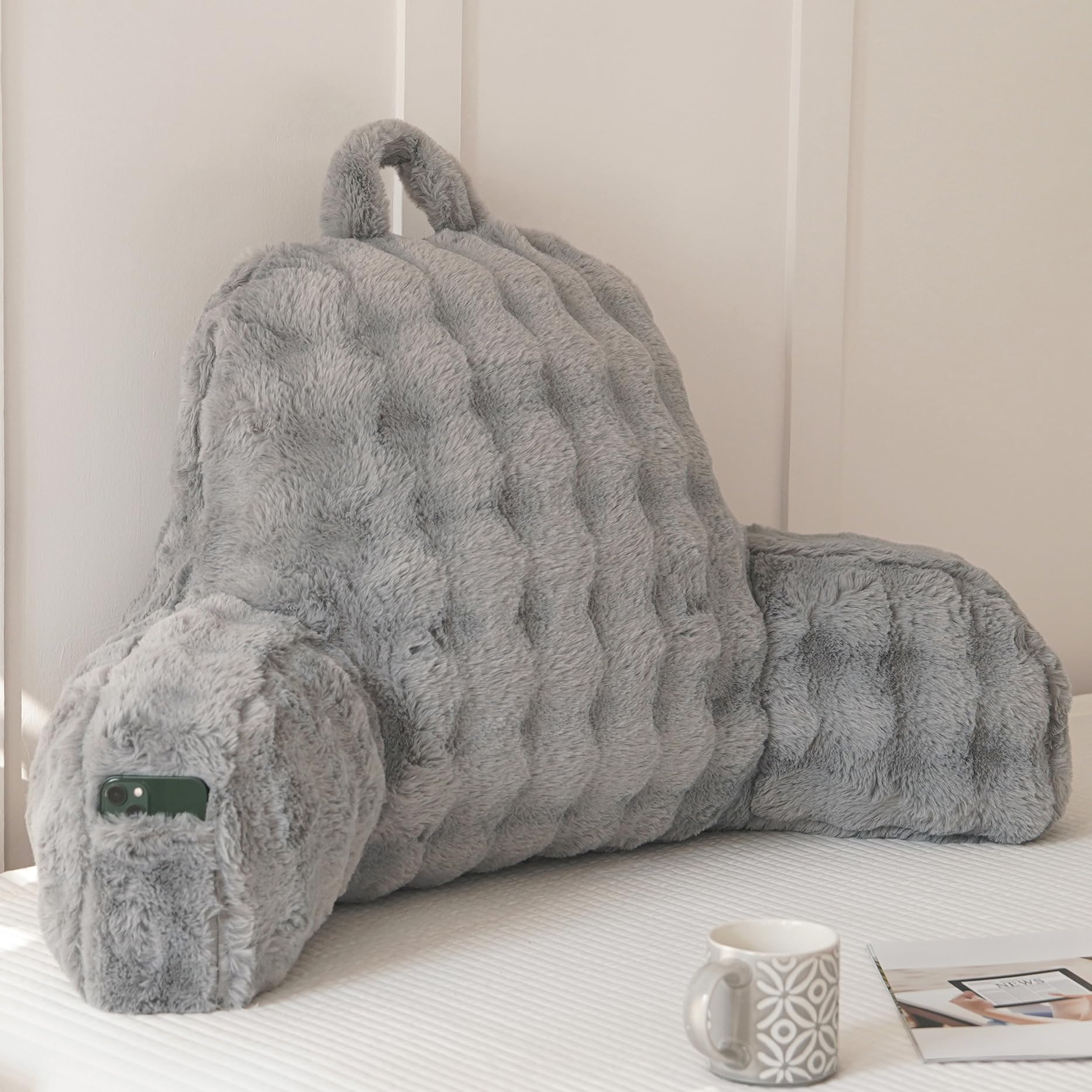 Faux Fur Reading Pillow for Sitting in Bed, Large Backrest Bed Pillow with Arms, Back Support Pillow for Lounging Bedrest, Pink
