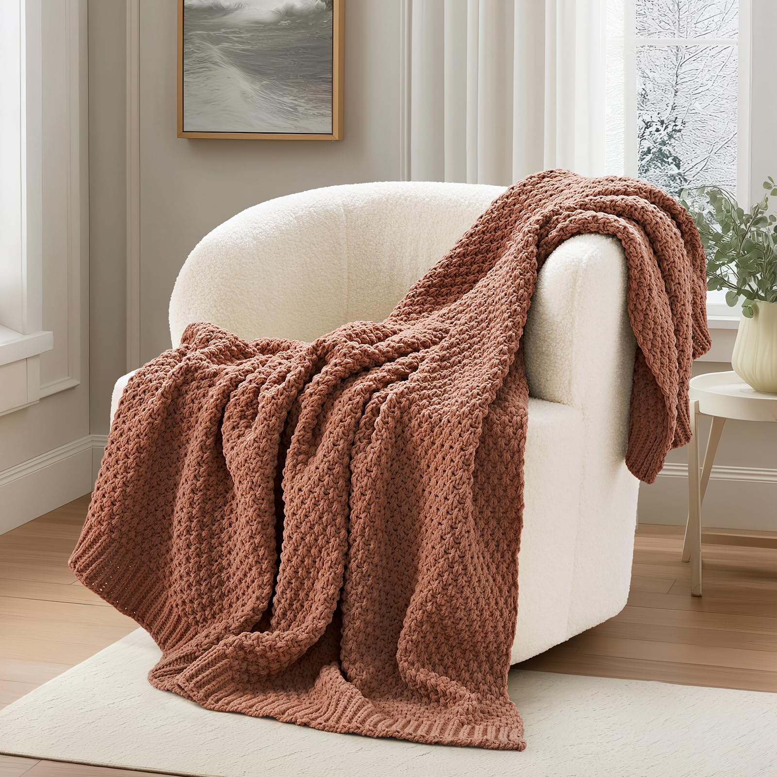 EVERGRACEHOME Chunky Chenille Knit Throw Blanket for Couch, Soft Luxurious Moss Stitch Blankets for Bed, Cozy Decorative Farmhouse Knitted Throws for Sofa, Stormy Blue, 60" x 80"