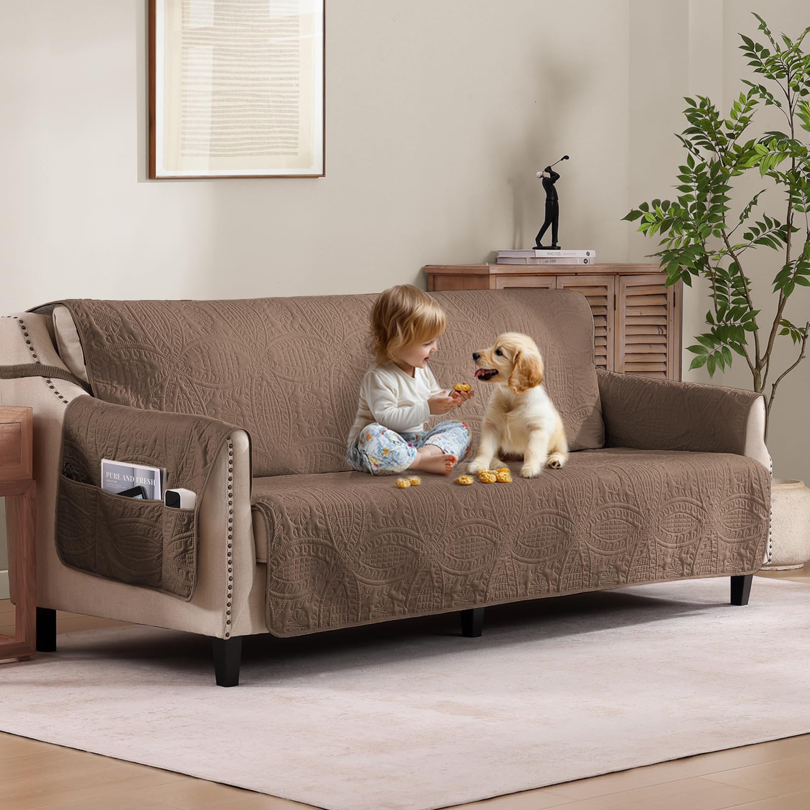 Quilted Sofa Slipcovers with Pockets, Anti-Slip Medallion Designed Couch Covers for 3 Cushion Sofa, Couch Cover for Dogs Cats Water-Repellent Machine Washable (Large Sofa 68", Ivory White)