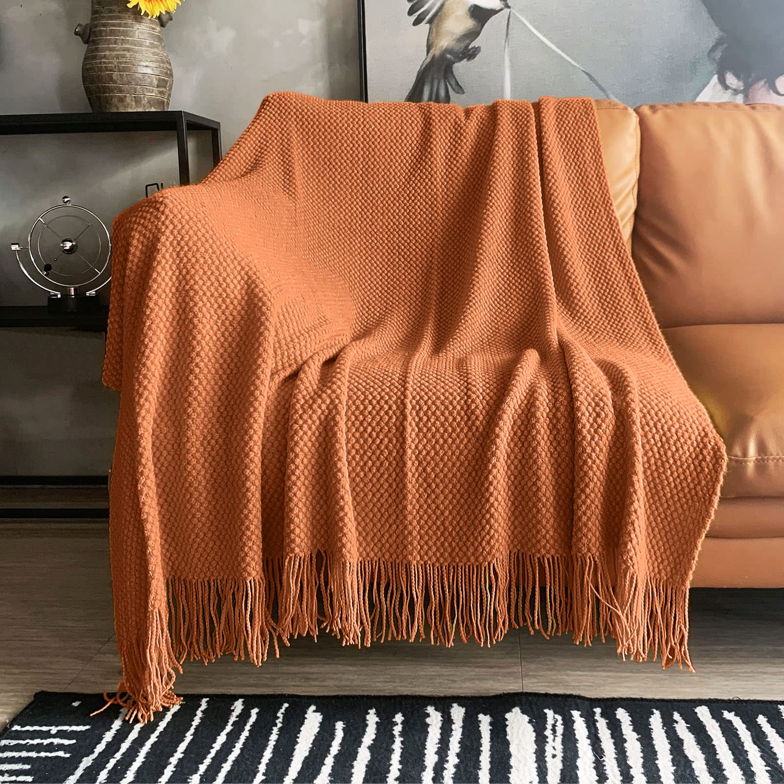 LOMAO Knitted Throw Blanket with Tassels Bubble Textured Lightweight Throws for Couch Cover Home Decor (Cream, 60x80)