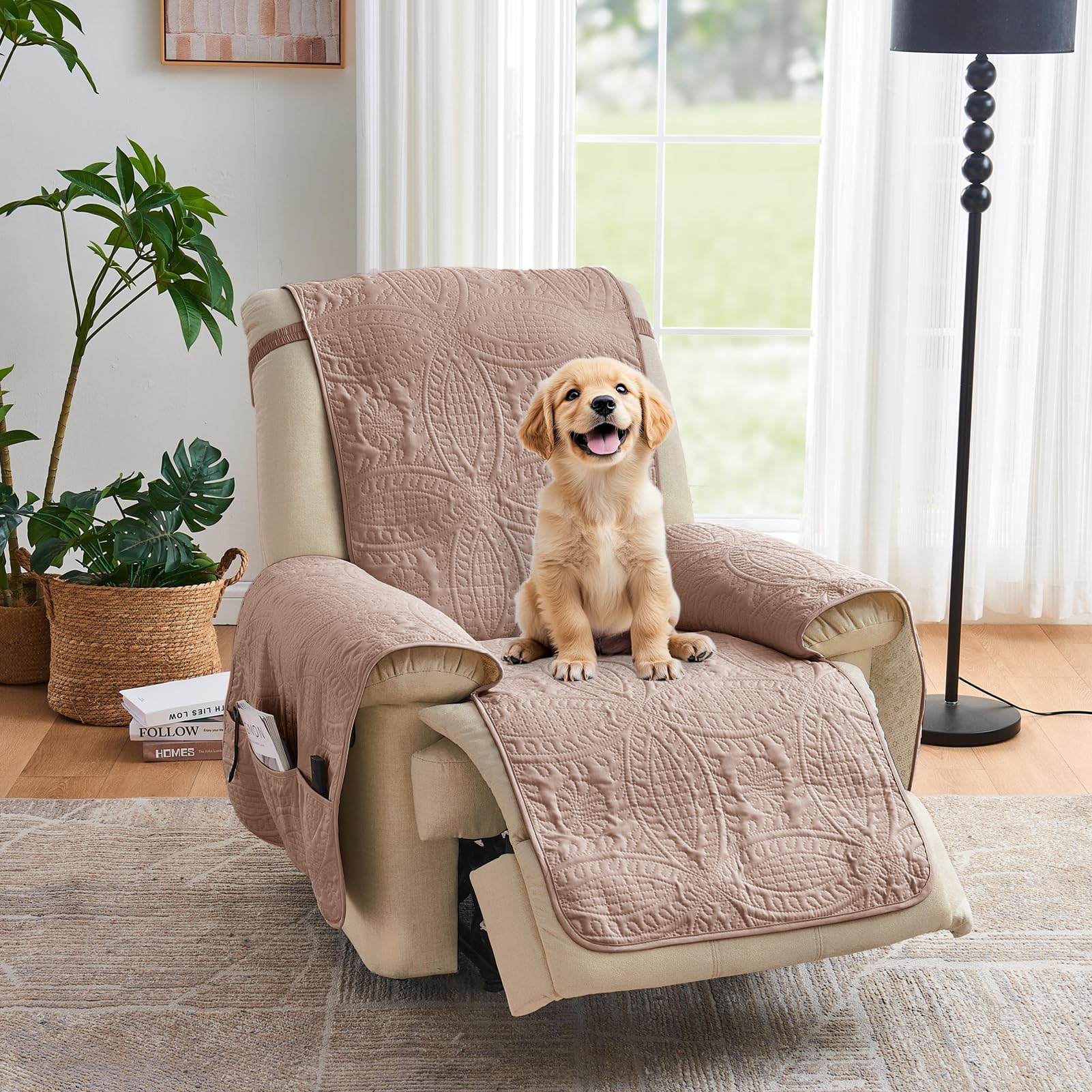 Quilted Sofa Slipcovers with Pockets, Anti-Slip Medallion Designed Couch Covers for 3 Cushion Sofa, Couch Cover for Dogs Cats Water-Repellent Machine Washable (Large Sofa 68", Ivory White)