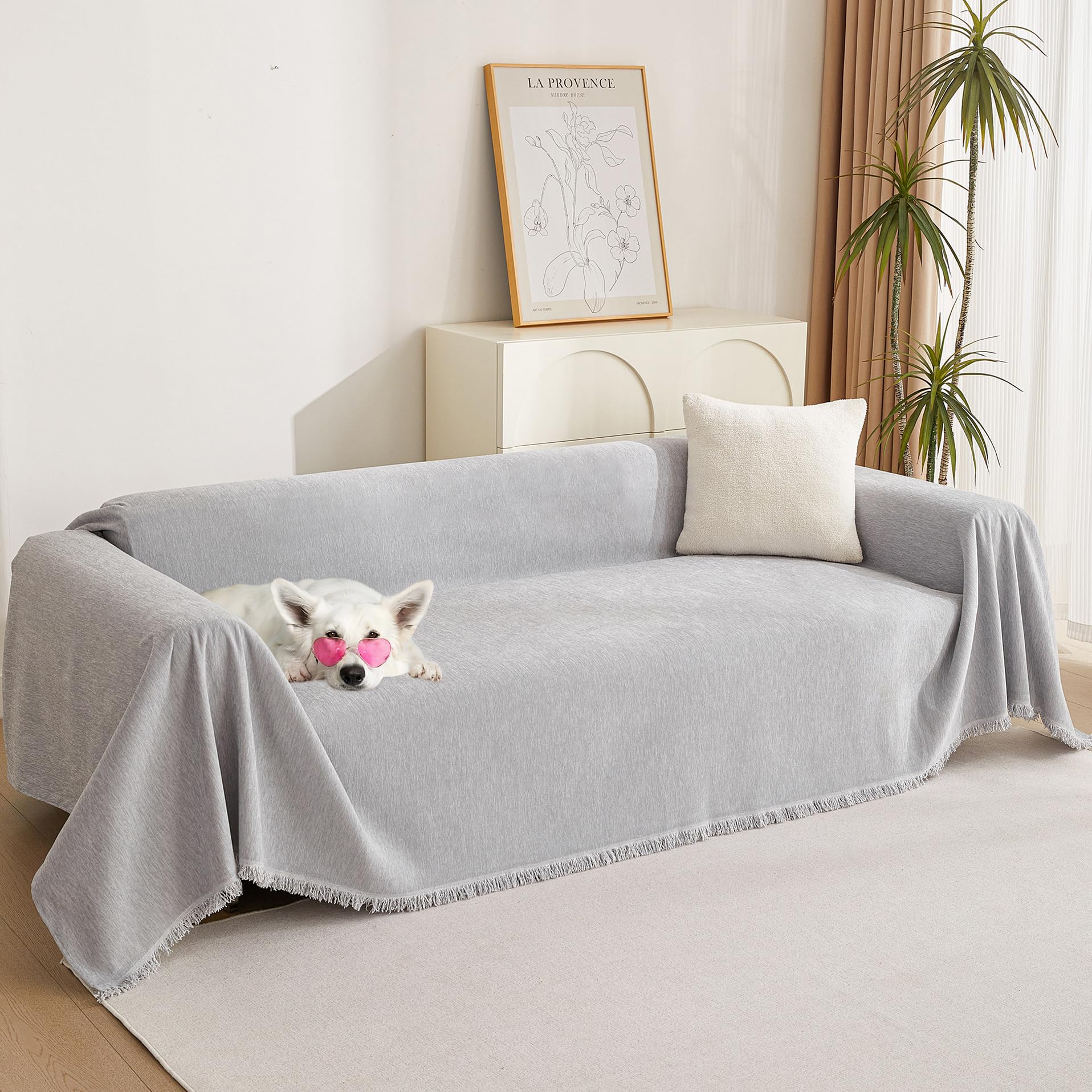 MYSKY HOME Couch Cover for Pets, Beige Couch Covers for 2 Cushion Couch Sofa, Sofa Slipcover Sectional L Shape Chenille Covers for Pets, Throw Couch for Dogs, Kids,71" X118"