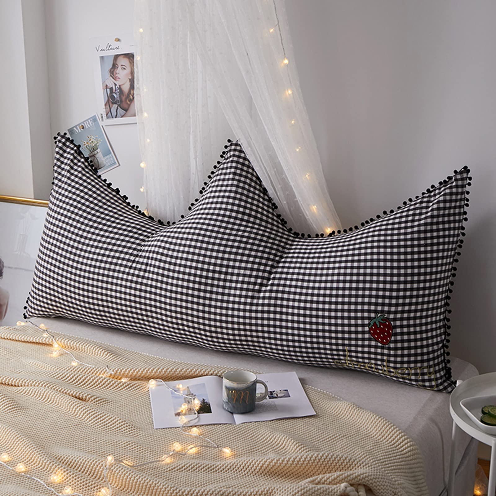 Cute Princess Crown Headboard Backrest,Girls Reading Pillow Bedside Cushion,Support Waist Backrest,for Daybed Tatami (Color : Grey Grid, Size : 12080cm)