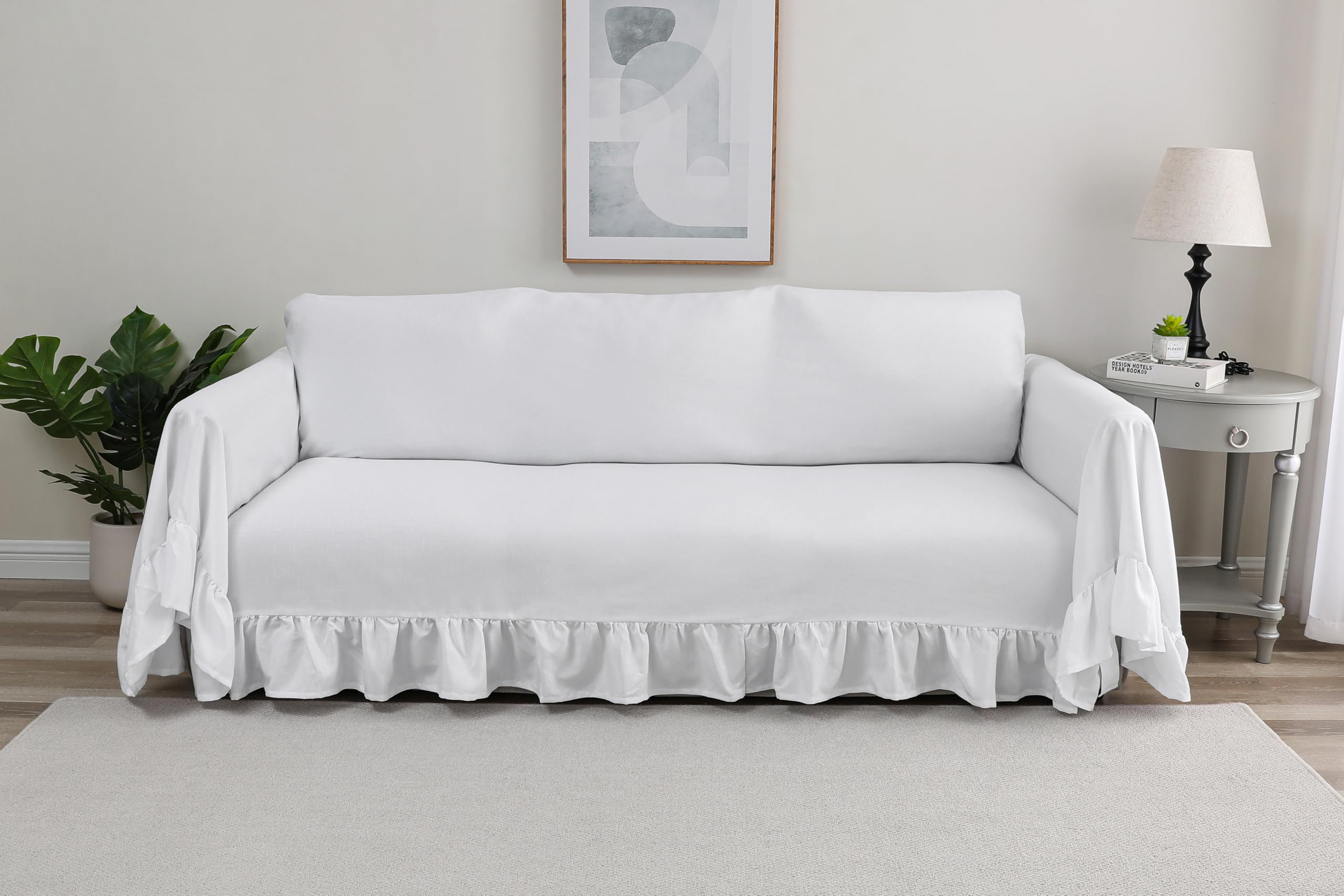 Rustic Linen Sofa Cover with Tie Strings, Full Couch Protector Durable Throw Slipcover Ruffled Edge (White, Large Sofa)